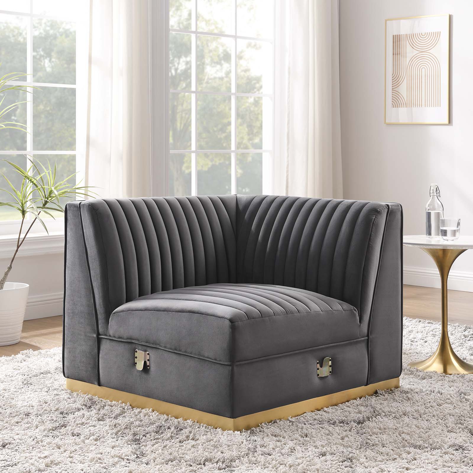 Modway Accent Chairs - Sanguine Channel Tufted Performance Velvet Modular Sectional Sofa Right Corner Chair Gray