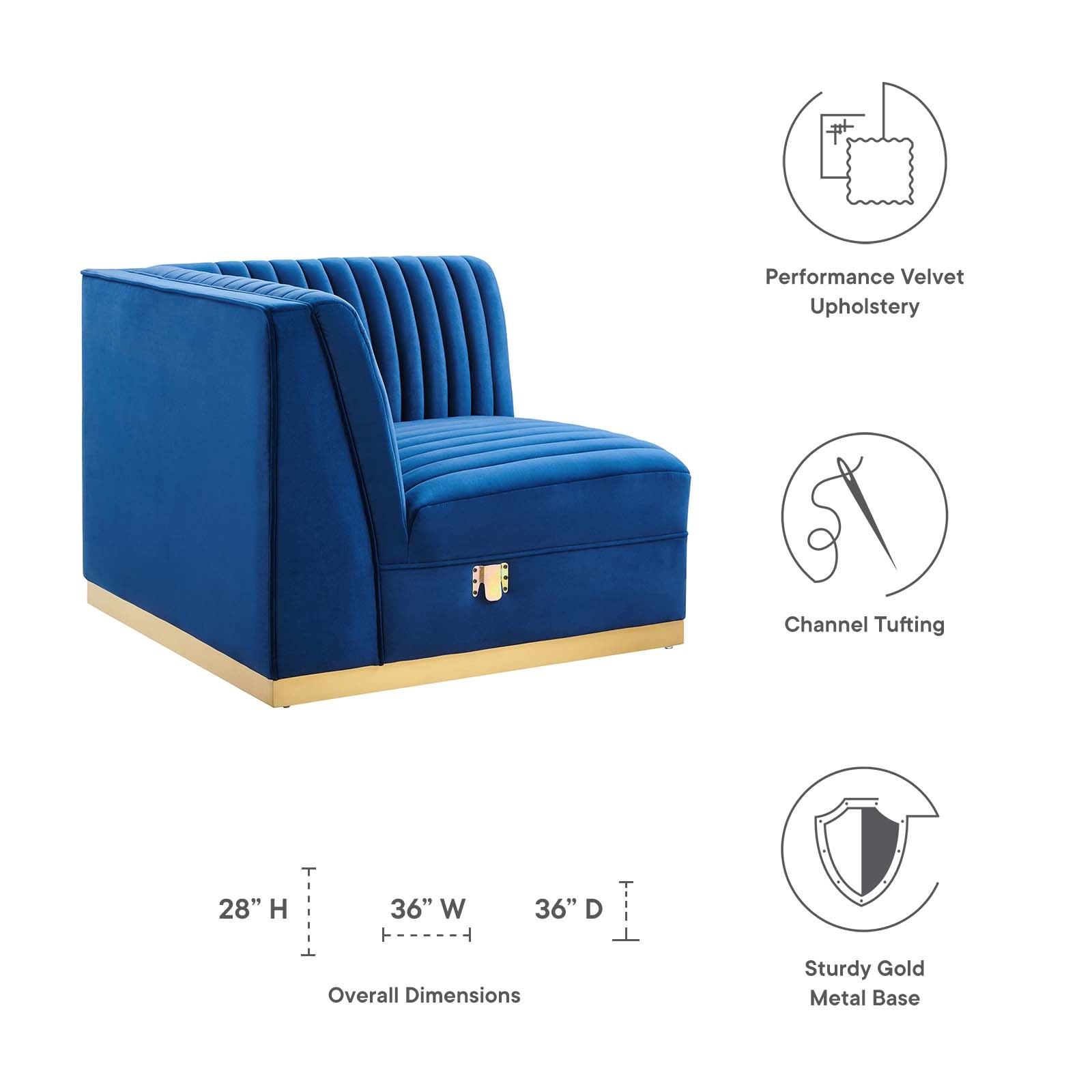 Modway Accent Chairs - Sanguine Channel Tufted Performance Velvet Modular Sectional Sofa Right Corner Chair Navy Blue