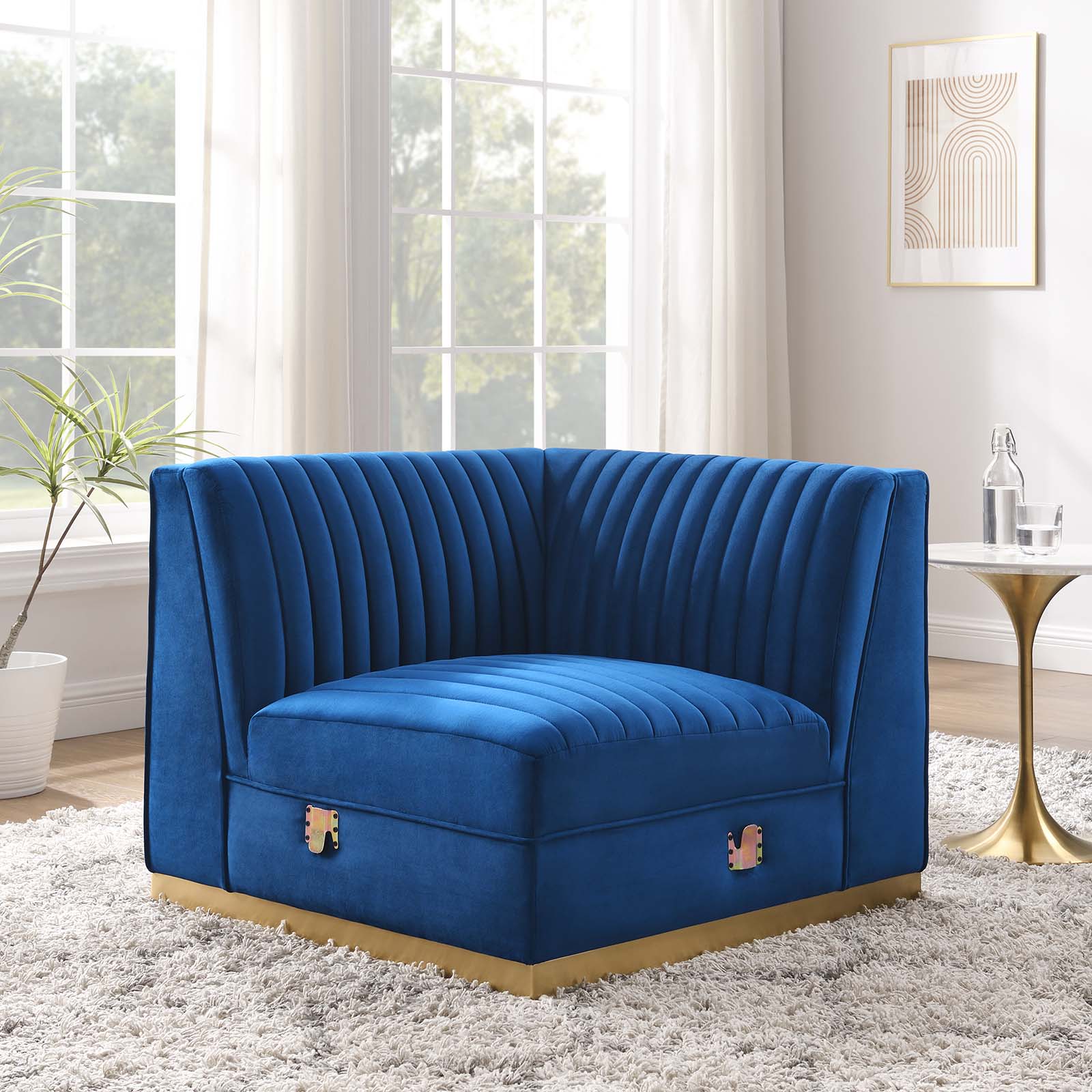 Modway Accent Chairs - Sanguine Channel Tufted Performance Velvet Modular Sectional Sofa Right Corner Chair Navy Blue