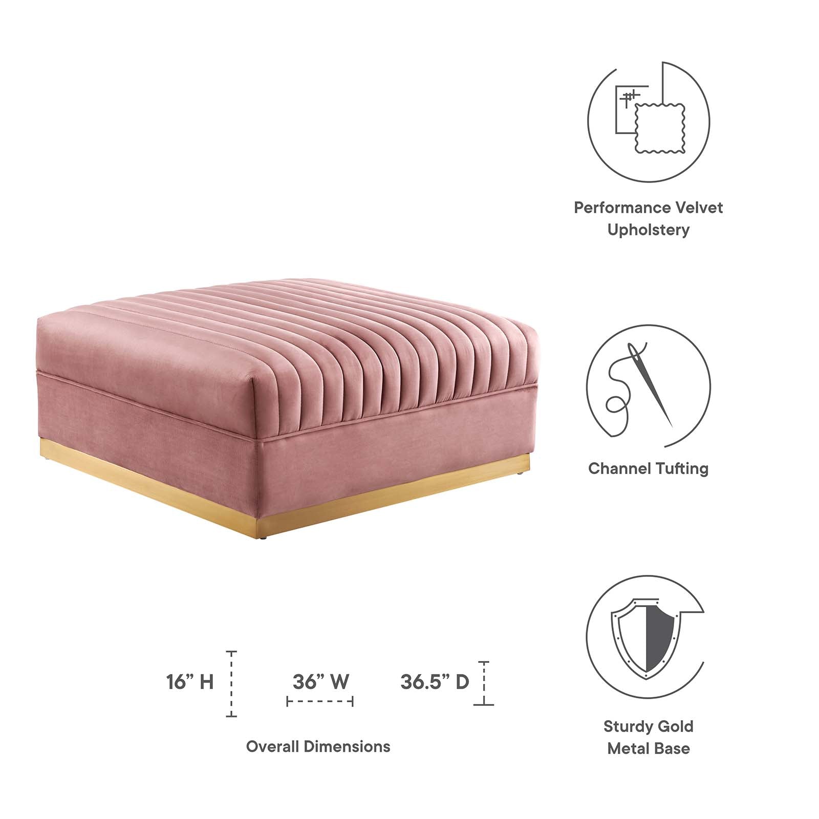 Modway Ottomans & Stools - Sanguine Channel Tufted Performance Velvet Modular Sectional Sofa Ottoman Dusty Rose