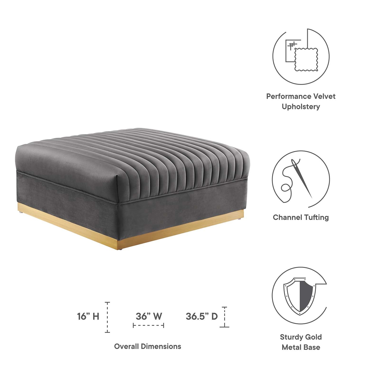 Modway Ottomans & Stools - Sanguine Channel Tufted Performance Velvet Modular Sectional Sofa Ottoman Gray