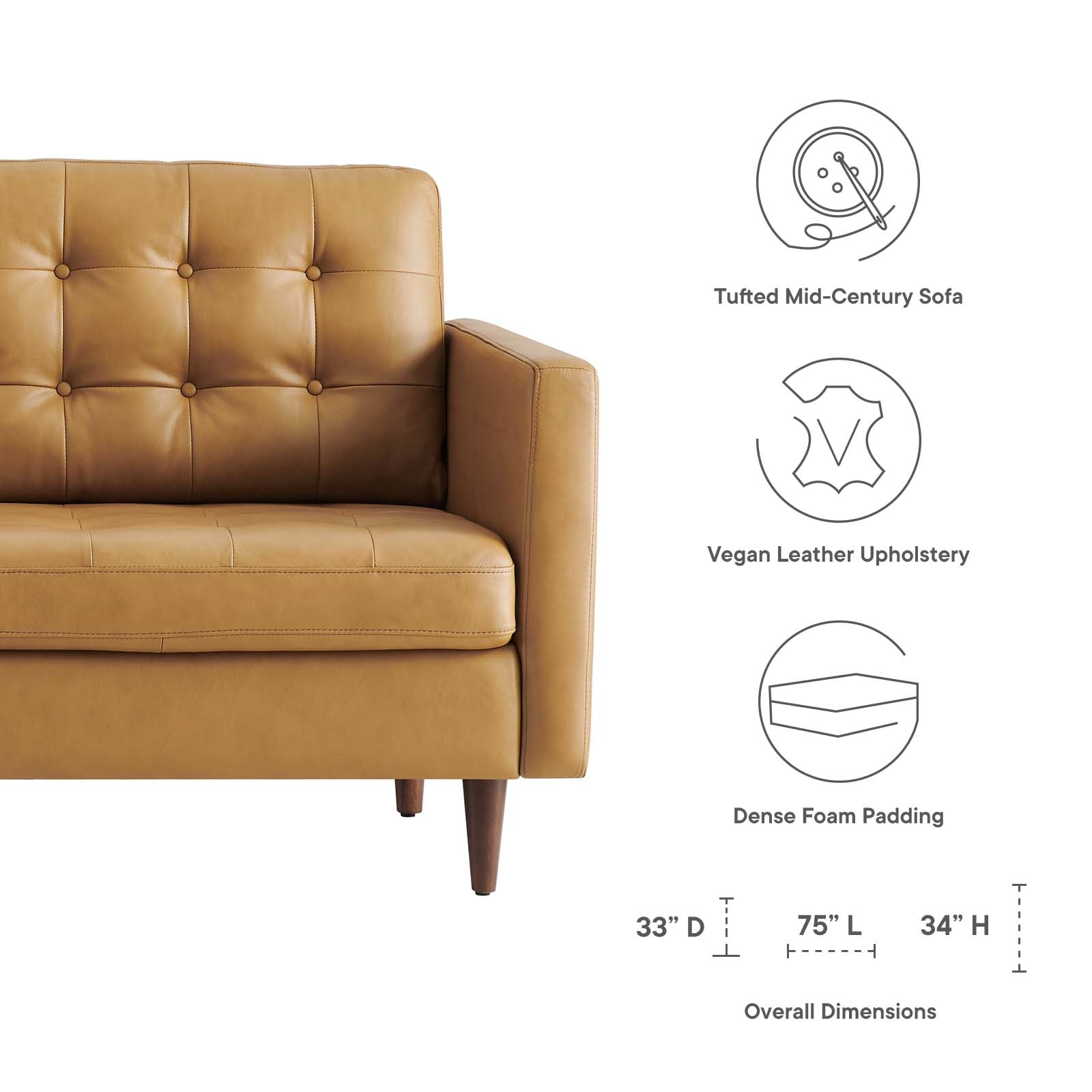 Modway Sofas & Couches - Exalt Tufted Vegan Leather Sofa Tan 34" H