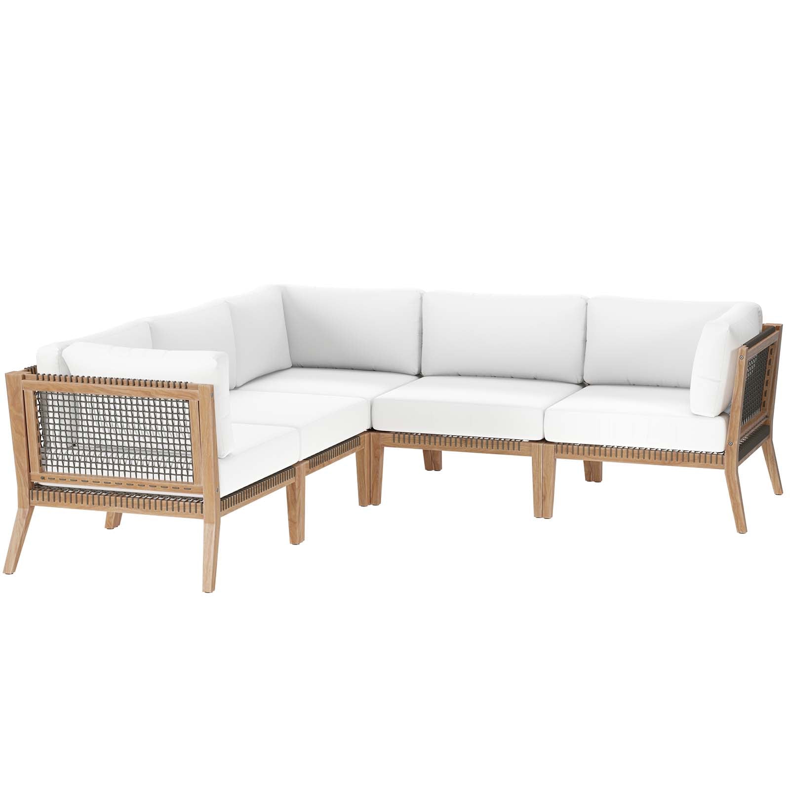 Modway Outdoor Sofas - Clearwater-Outdoor-Patio-Teak-Wood-5-Piece-Sectional-Sofa-Gray-White