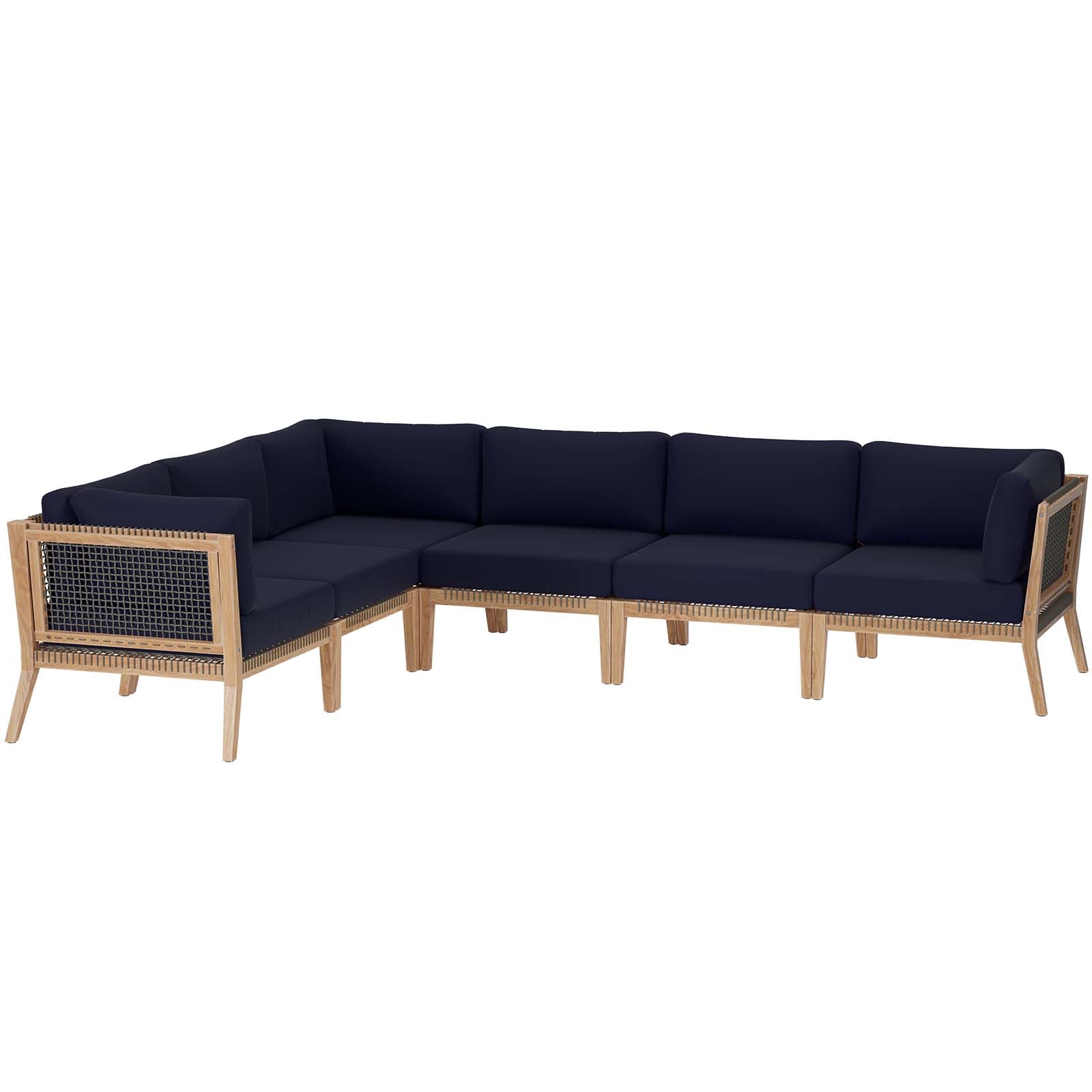 Modway Outdoor Sofas - Clearwater-Outdoor-Patio-Teak-Wood-6-Piece-Sectional-Sofa-Gray-Navy