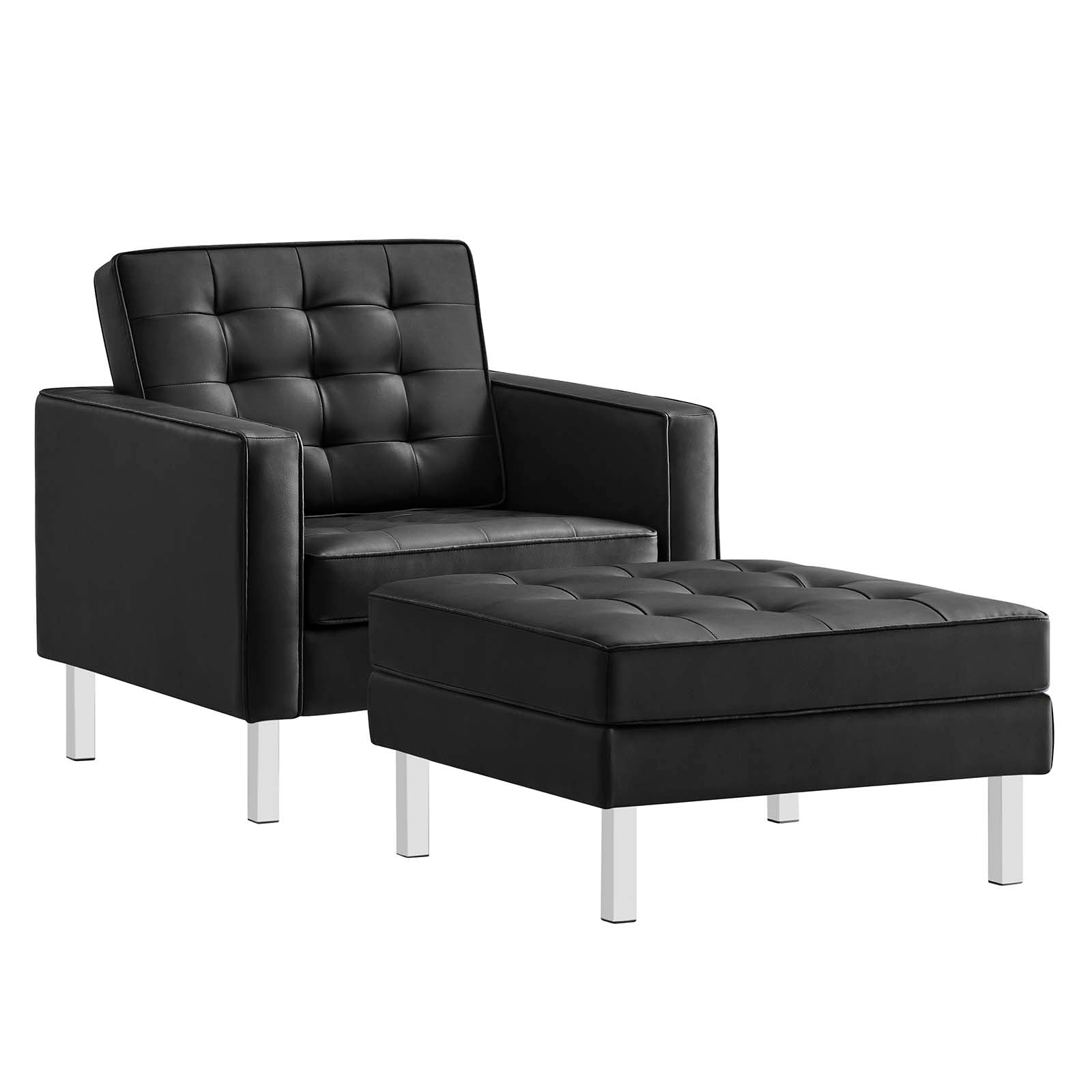 Modway Living Room Sets - Loft-Tufted-Vegan-Leather-Armchair-and-Ottoman-Set-Silver-Black