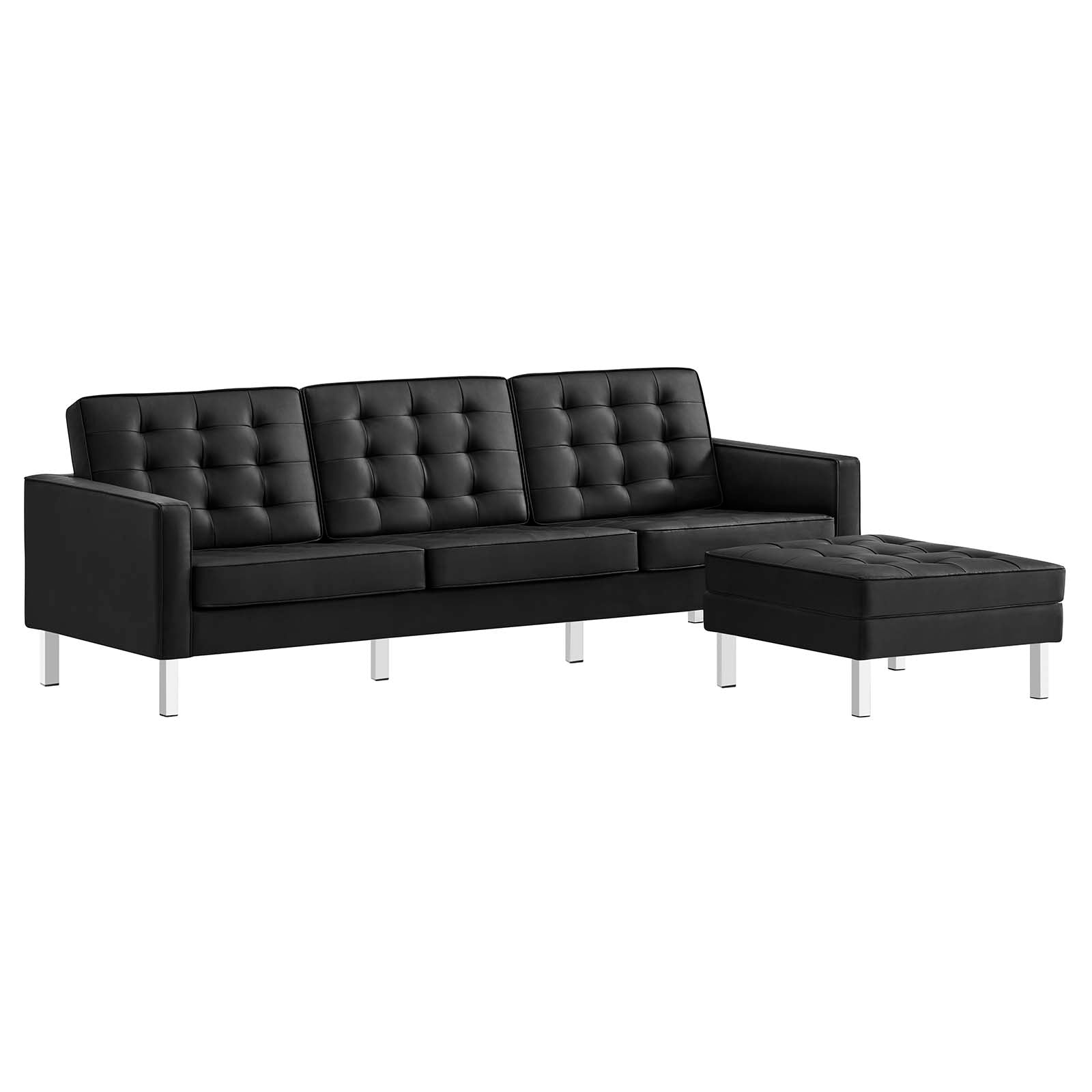 Modway Sofas & Couches - Loft-Tufted-Vegan-Leather-Sofa-and-Ottoman-Set-Silver-Black