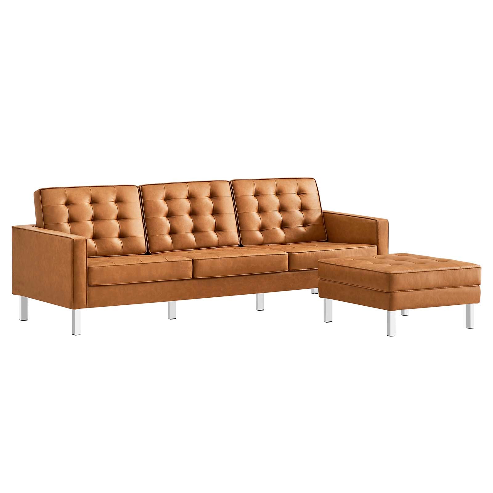 Modway Sofas & Couches - Loft-Tufted-Vegan-Leather-Sofa-and-Ottoman-Set-Silver-Tan