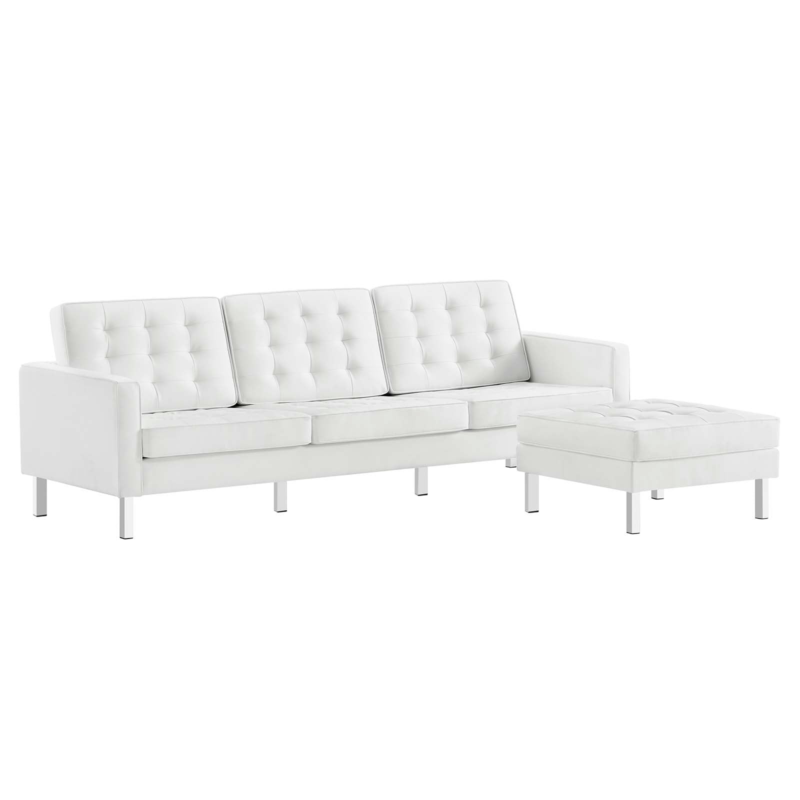 Modway Sofas & Couches - Loft-Tufted-Vegan-Leather-Sofa-and-Ottoman-Set-Silver-White