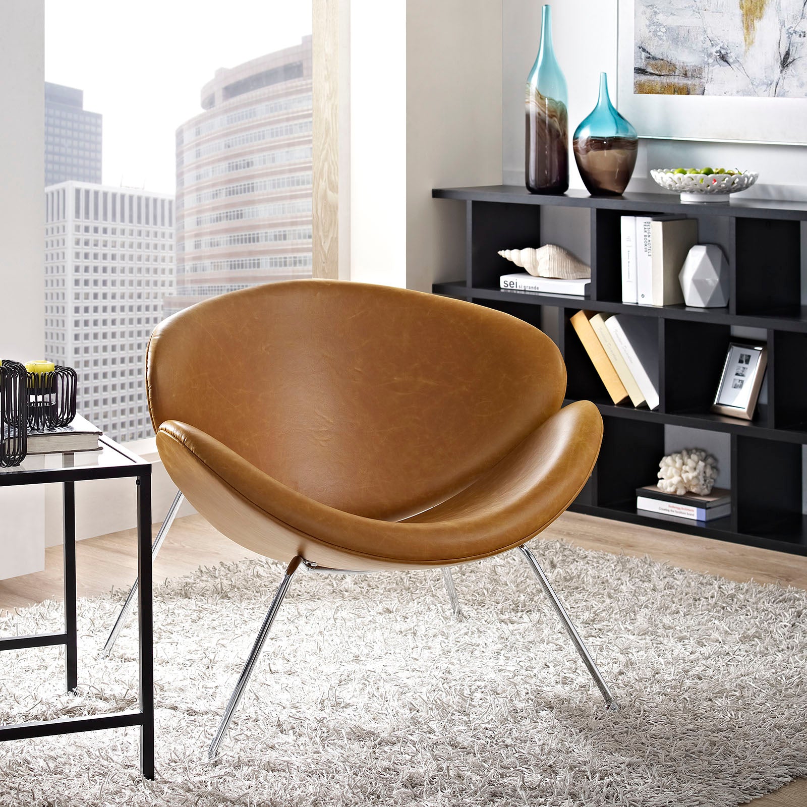 Modway Accent Chairs - Nutshell Upholstered Vinyl Lounge Chair Tan