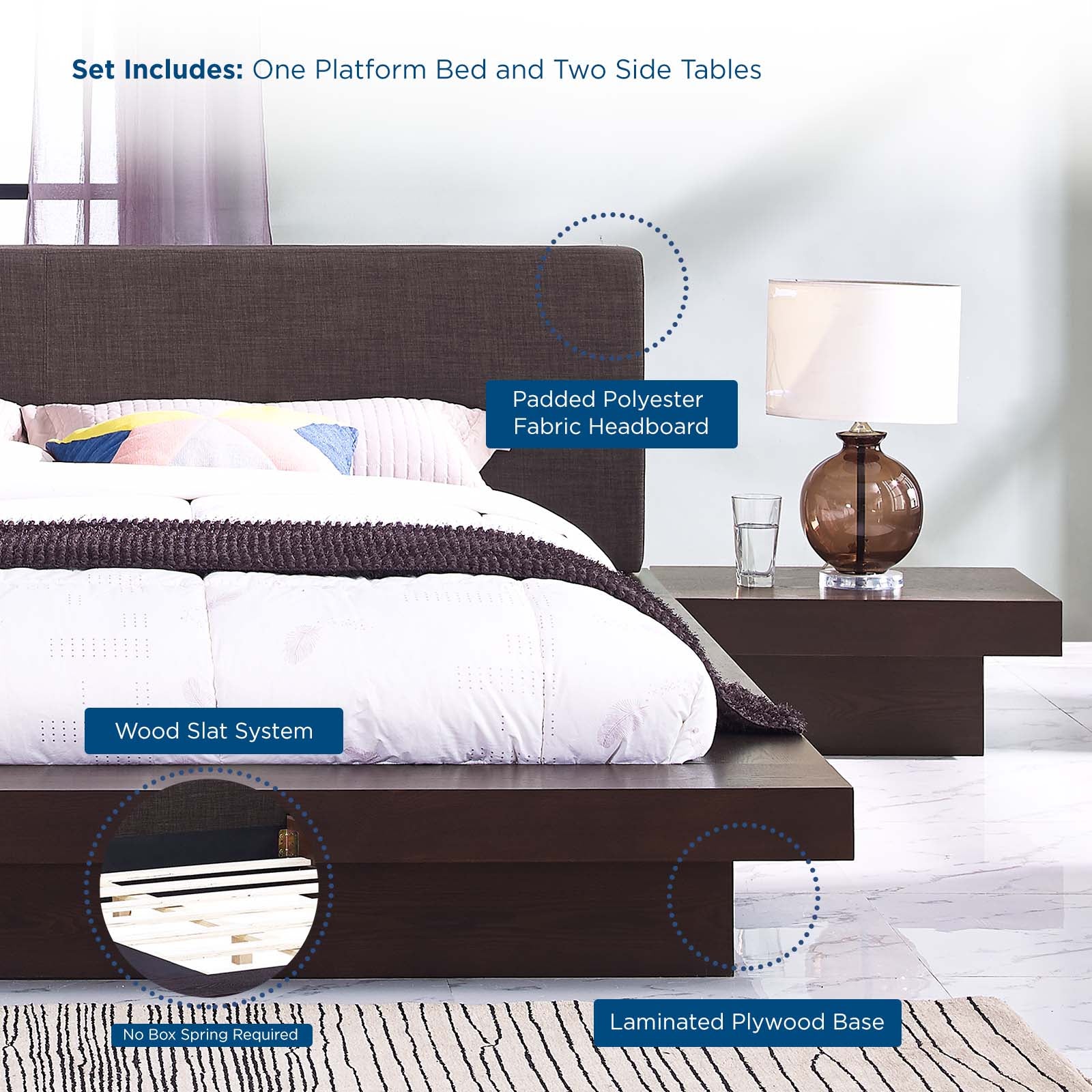 Modway Bedroom Sets - Freja 3 Piece Queen Fabric Bedroom Set Cappuccino Latte