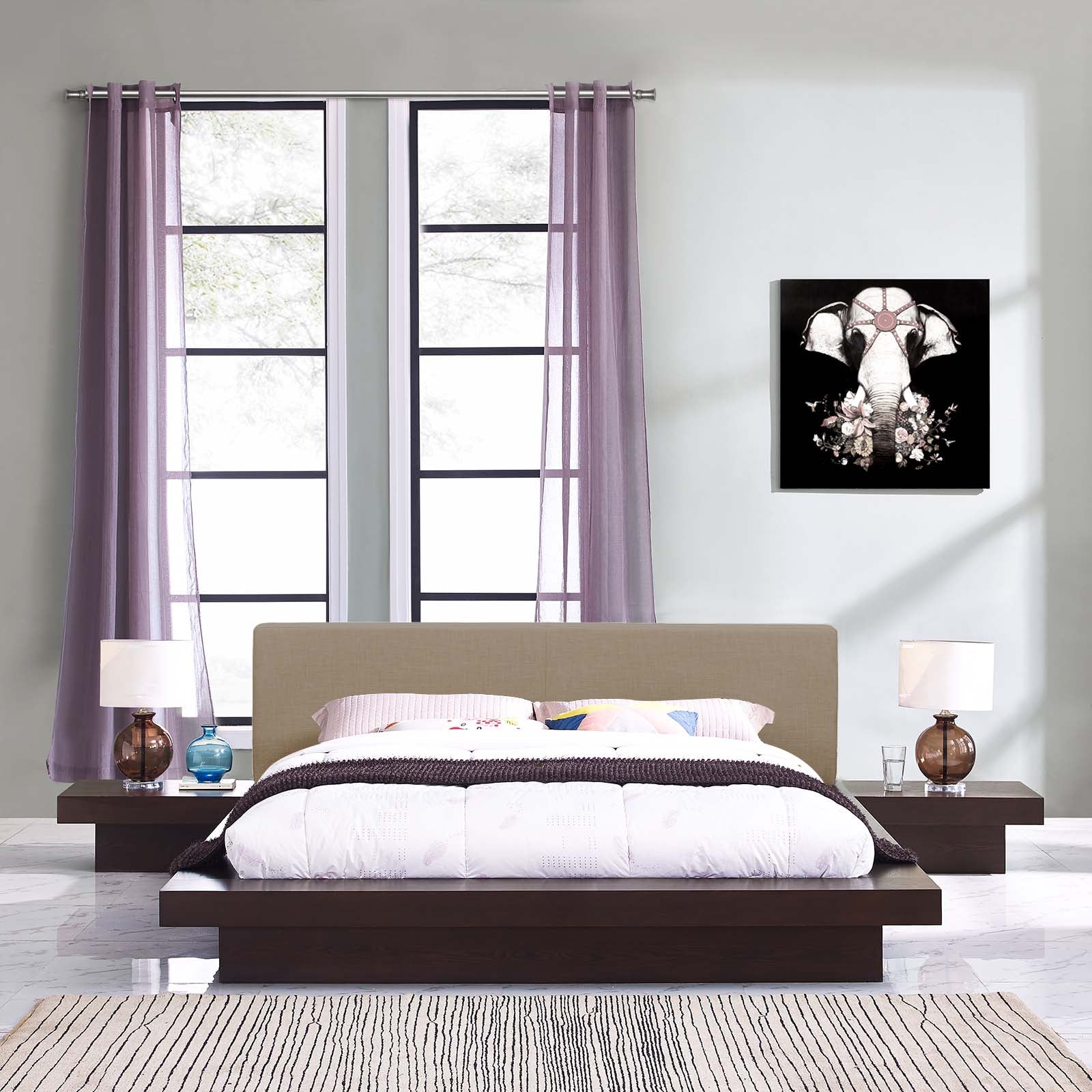 Modway Bedroom Sets - Freja 3 Piece Queen Fabric Bedroom Set Cappuccino Latte
