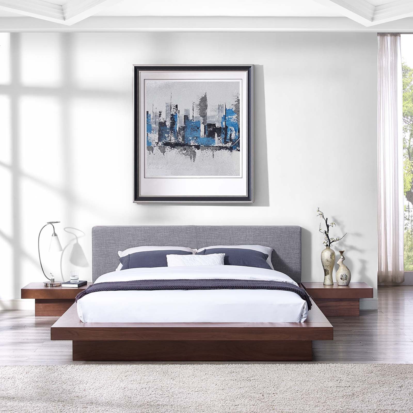 Modway Bedroom Sets - Freja 3 Piece Queen Fabric Bedroom Set Walnut Gray