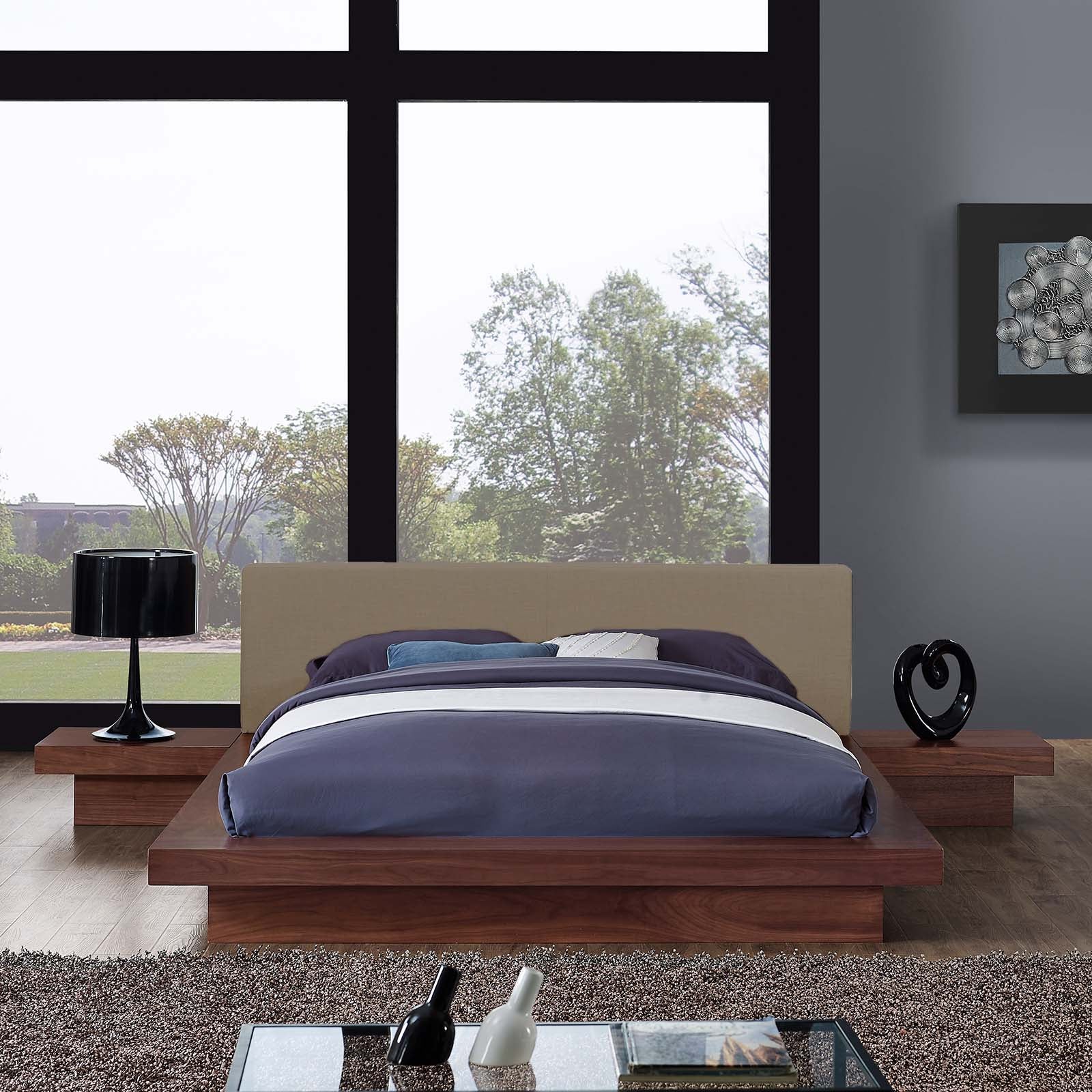 Modway Bedroom Sets - Freja 3 Piece Queen Fabric Bedroom Set Walnut Latte