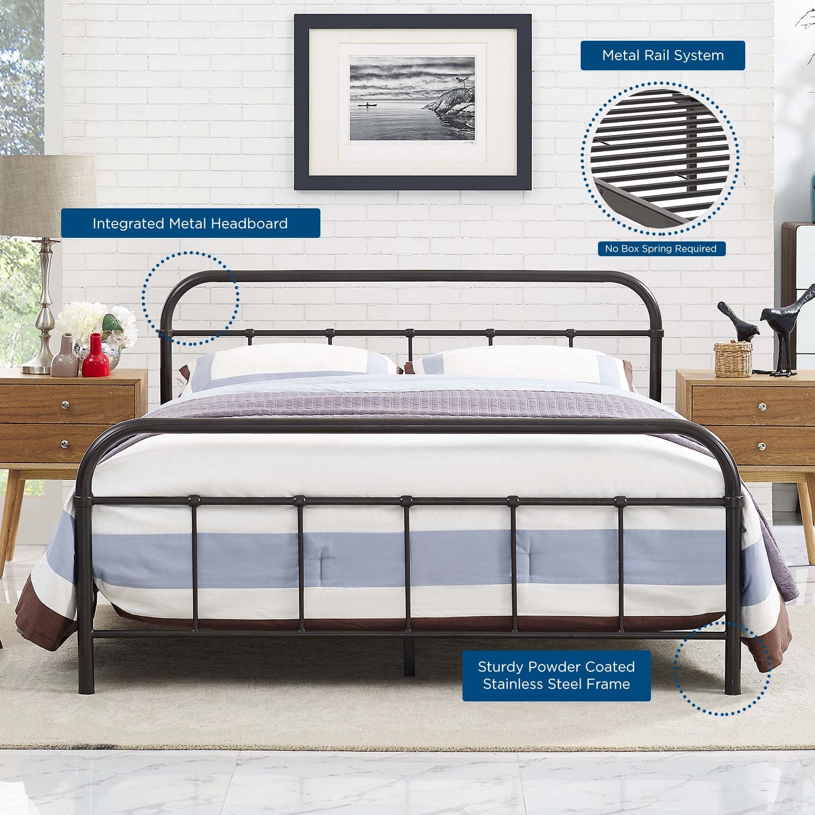 Modway Beds - Maisie Queen Stainless Steel Bed Frame Brown