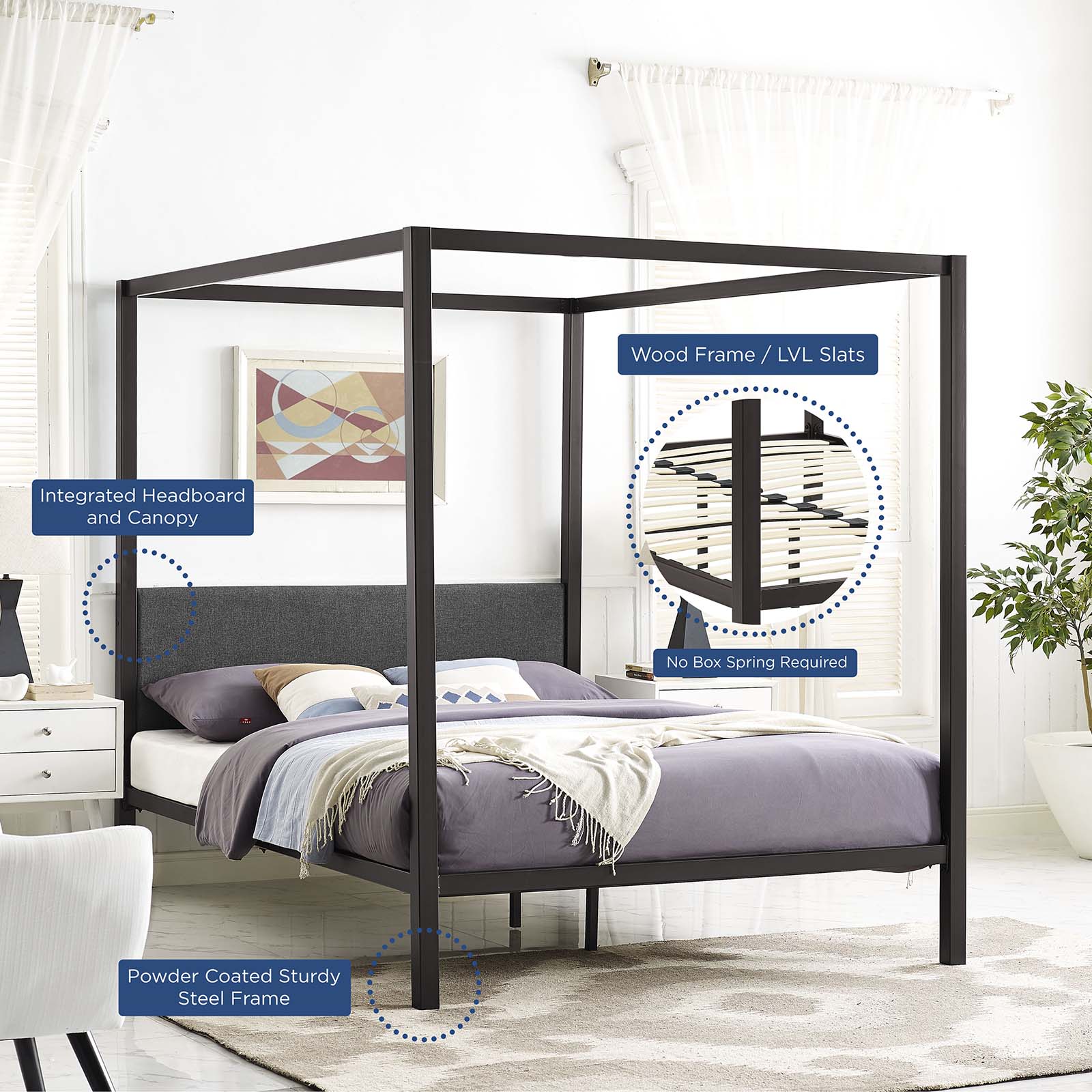Modway Beds - Raina Queen Canopy Bed Frame Brown Gray