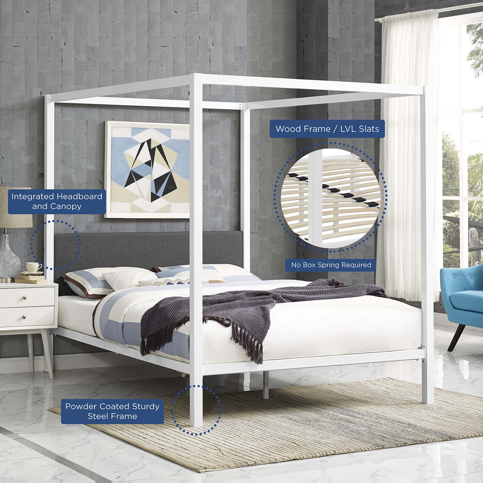 Modway Beds - Raina Queen Canopy Bed Frame White Gray