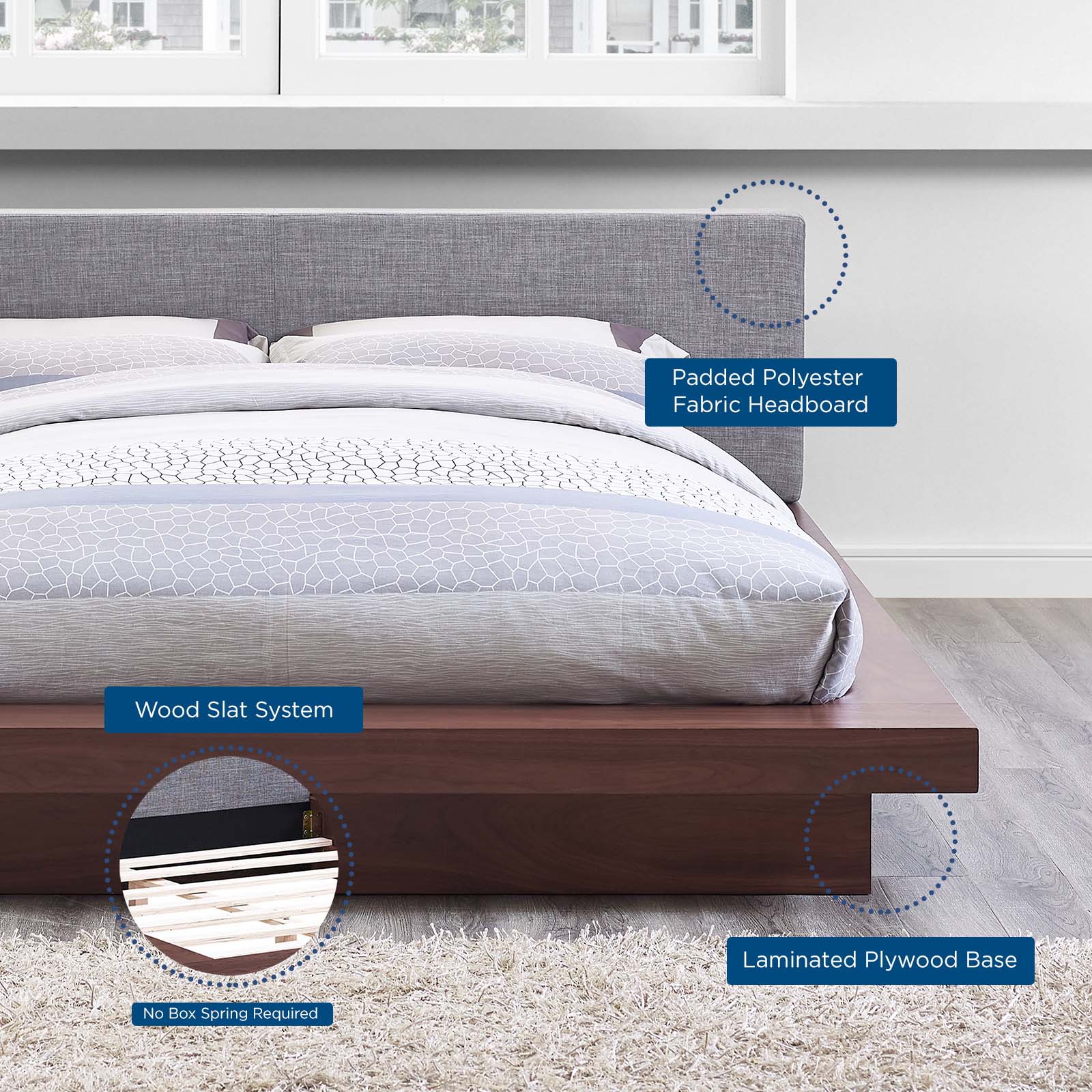 Modway Beds - Freja Queen Fabric Platform Bed Walnut Gray