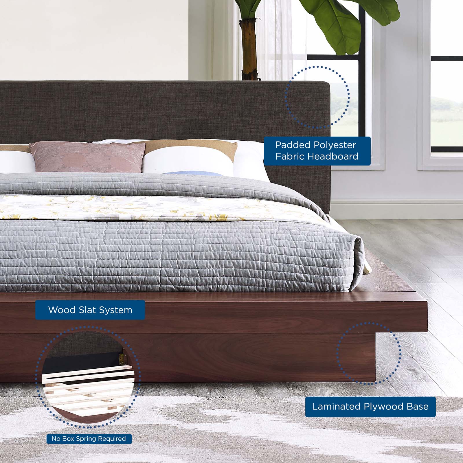 Modway Beds - Freja Queen Fabric Platform Bed Walnut And Latte