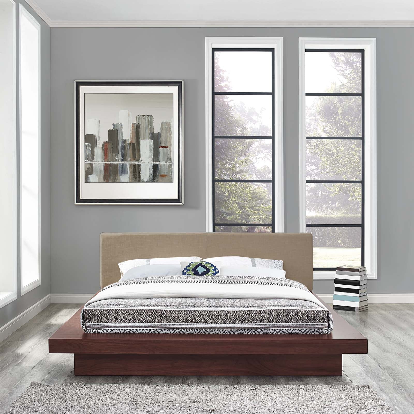 Modway Beds - Freja Queen Fabric Platform Bed Walnut And Latte