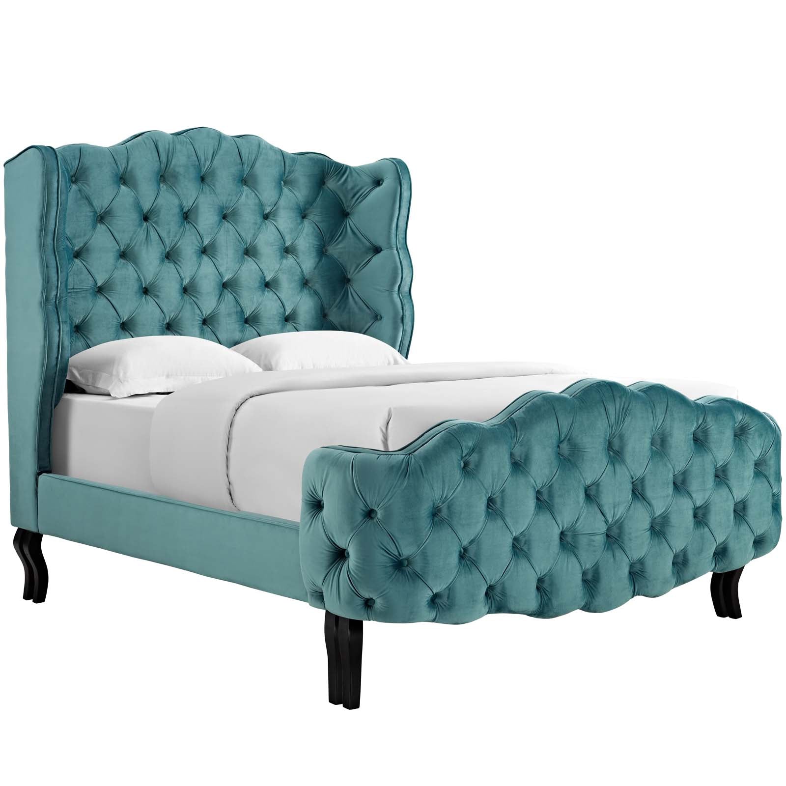 Modway Beds - Violette Queen Tufted Wingback Performance Velvet Platform Bed Sea Blue