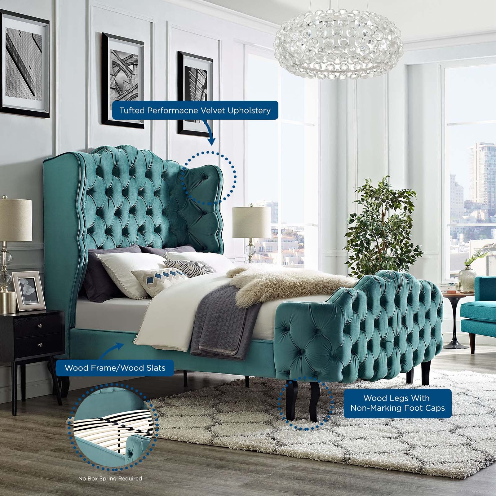 Modway Beds - Violette Queen Tufted Wingback Performance Velvet Platform Bed Sea Blue