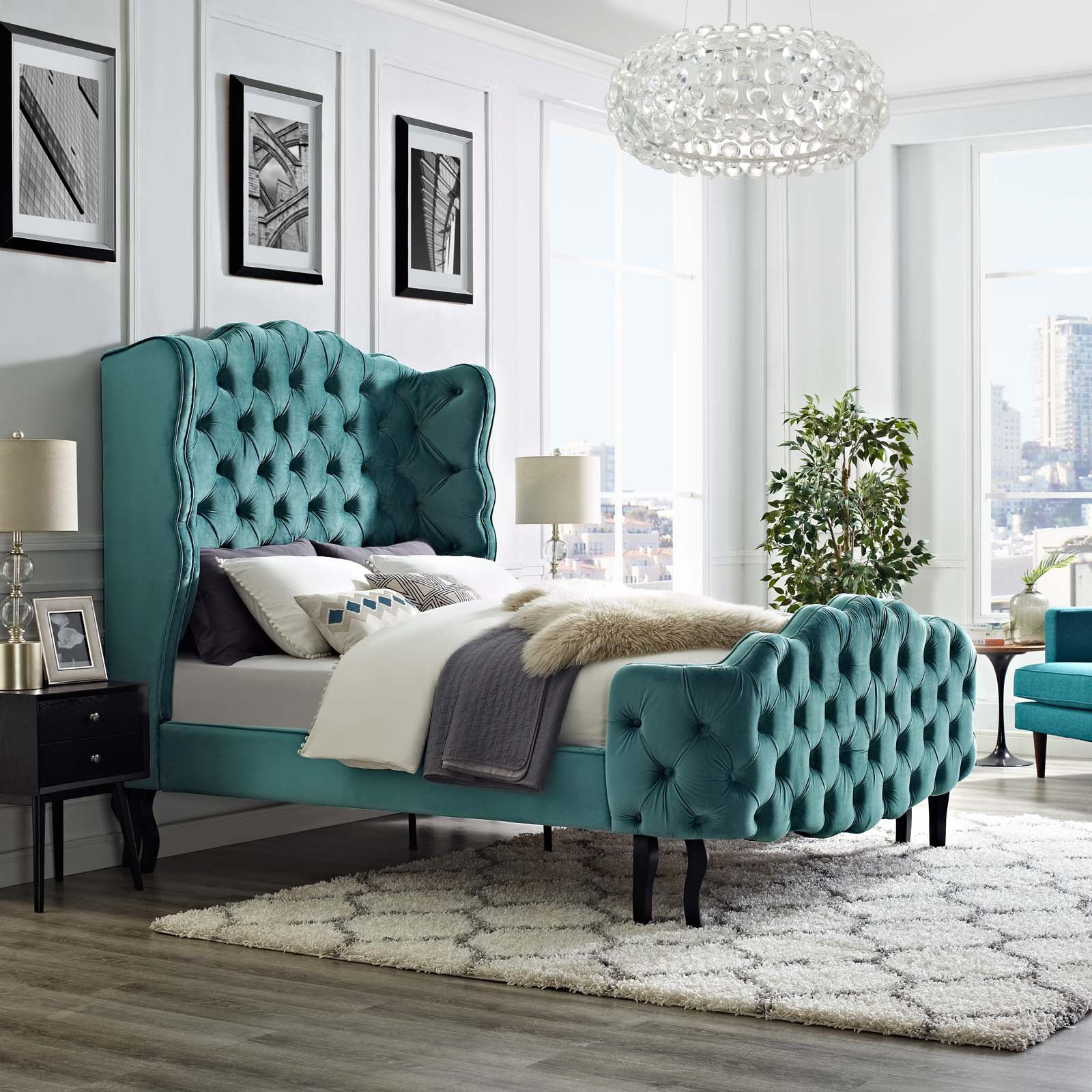 Modway Beds - Violette Queen Tufted Wingback Performance Velvet Platform Bed Sea Blue