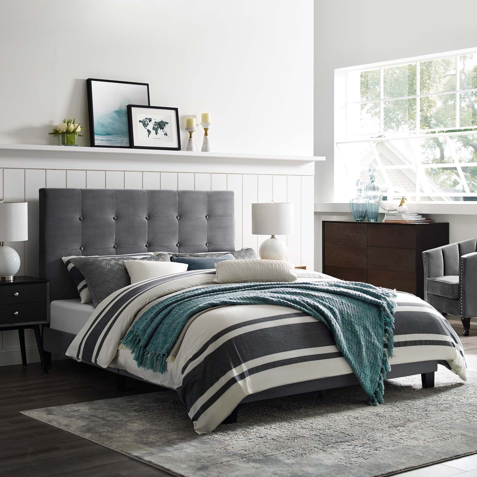 Modway Beds - Melanie Twin Tufted Button Upholstered Performance Velvet Platform Bed Gray