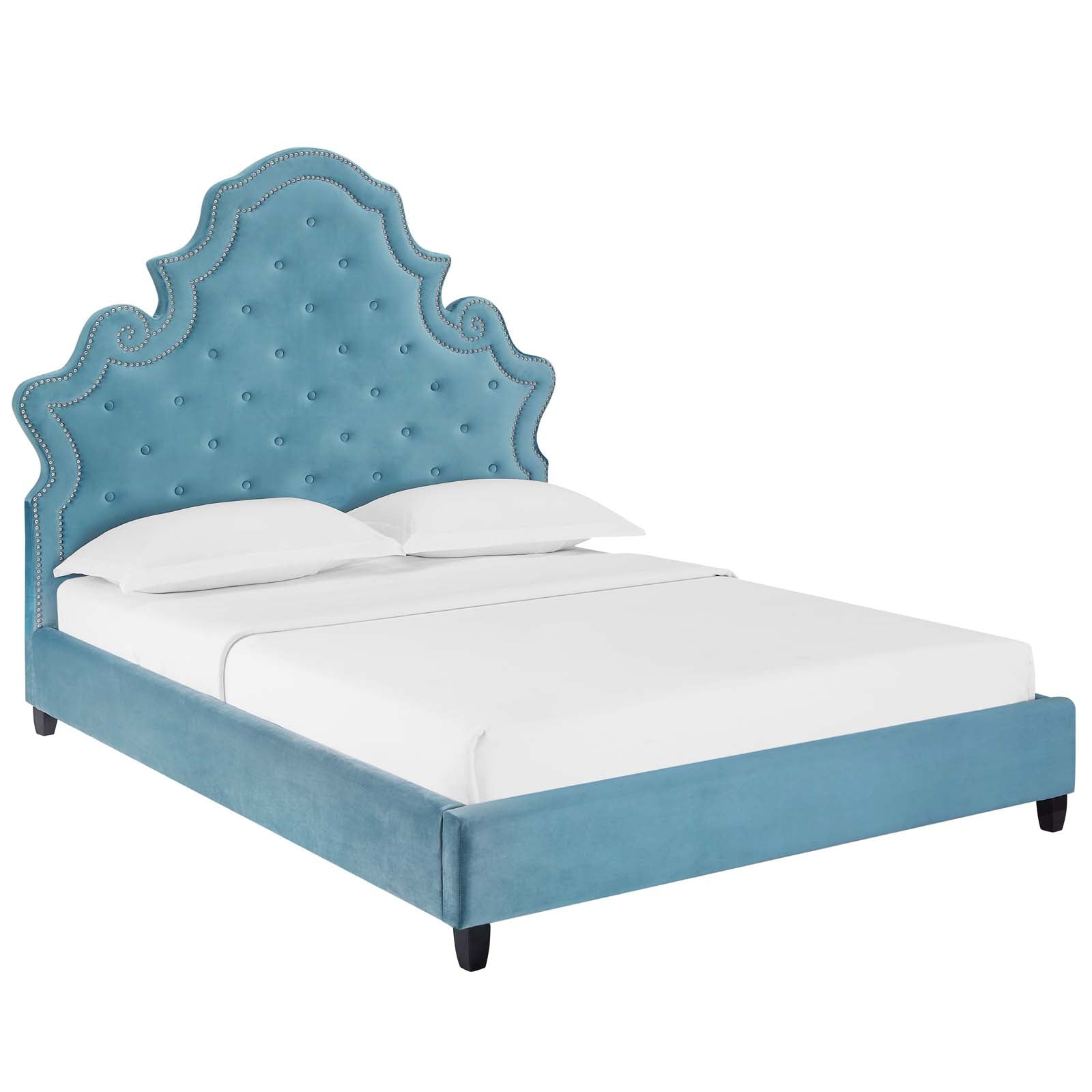 Modway Beds - Valentina Queen Tufted Nailhead Performance Velvet Platform Bed Sea Blue