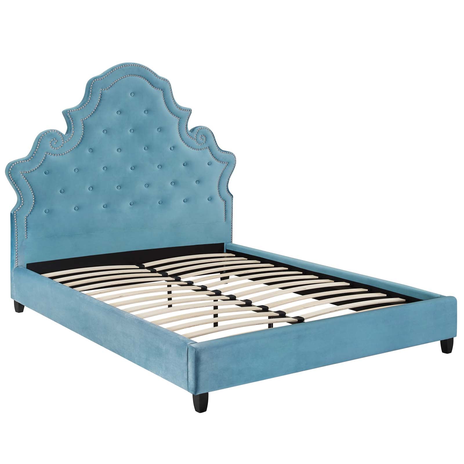 Modway Beds - Valentina Queen Tufted Nailhead Performance Velvet Platform Bed Sea Blue