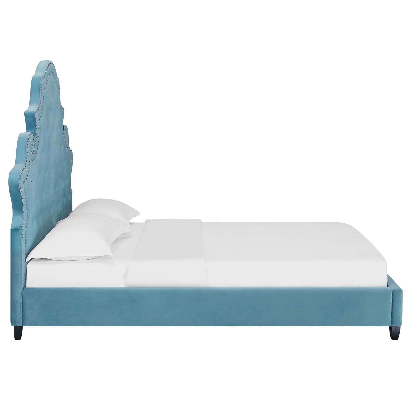 Modway Beds - Valentina Queen Tufted Nailhead Performance Velvet Platform Bed Sea Blue