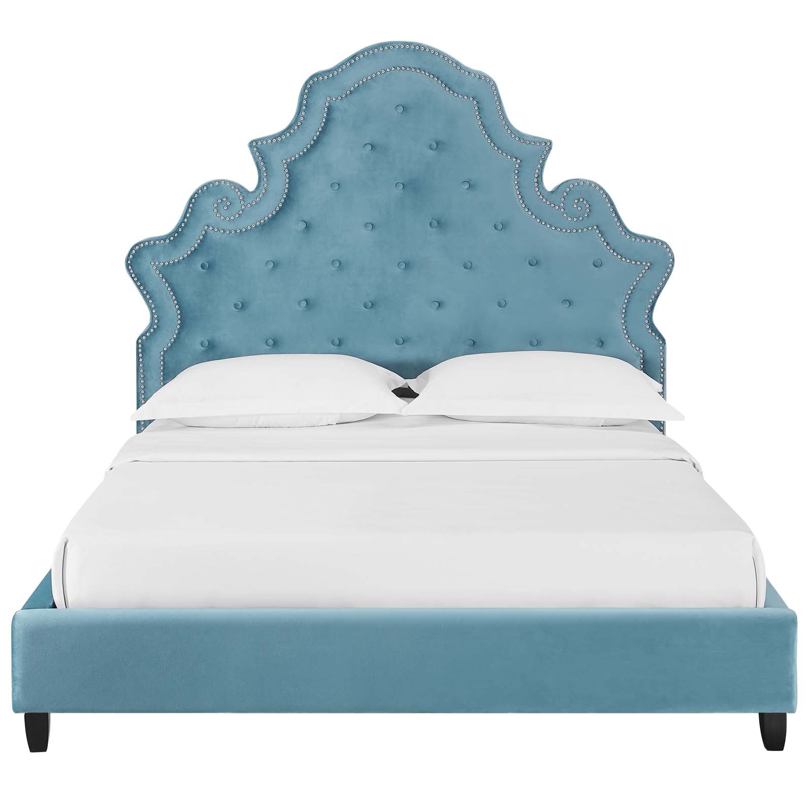 Modway Beds - Valentina Queen Tufted Nailhead Performance Velvet Platform Bed Sea Blue