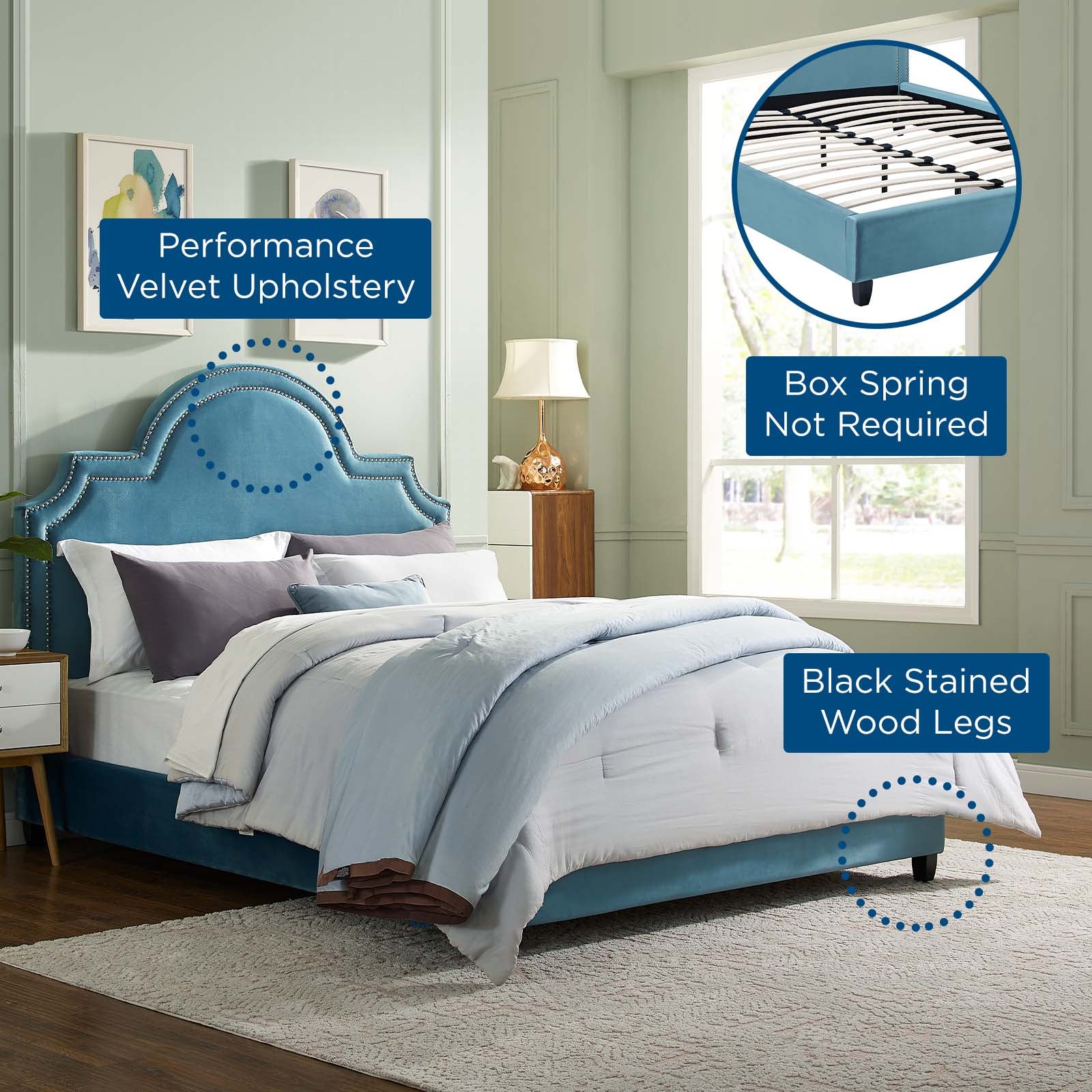 Modway Beds - Primrose Queen Performance Velvet Platform Bed Sea Blue