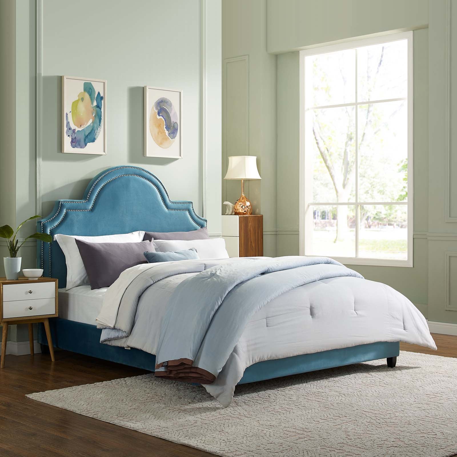 Modway Beds - Primrose Queen Performance Velvet Platform Bed Sea Blue