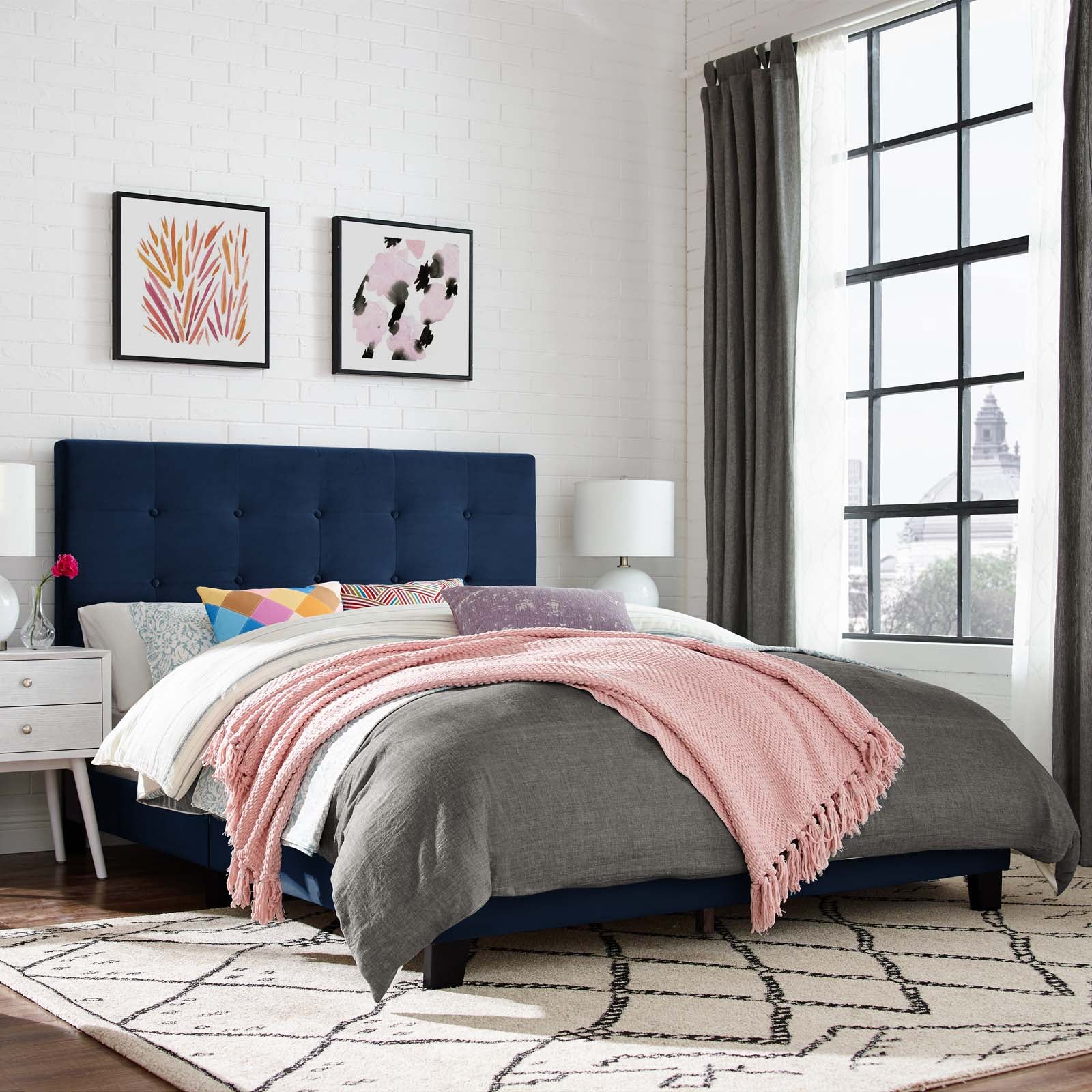 Modway Beds - Melanie Full Tufted Button Upholstered Performance Velvet Platform Bed Midnight Blue