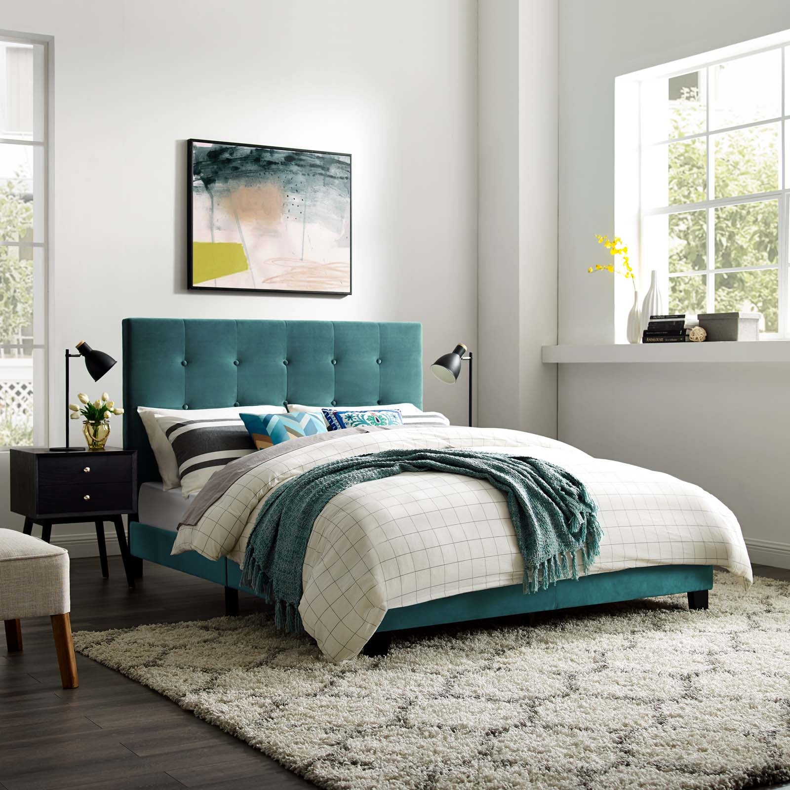 Modway Beds - Melanie Queen Tufted Button Upholstered Performance Velvet Platform Bed Sea Blue