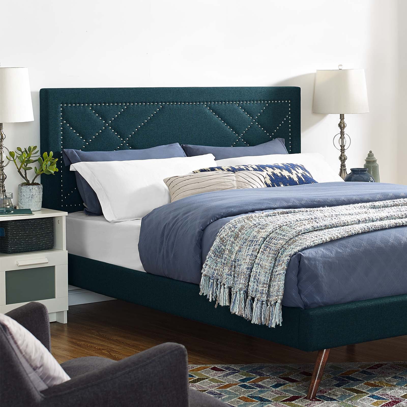 Modway Headboards - Reese Nailhead Full / Queen Upholstered Linen Fabric Headboard Azure