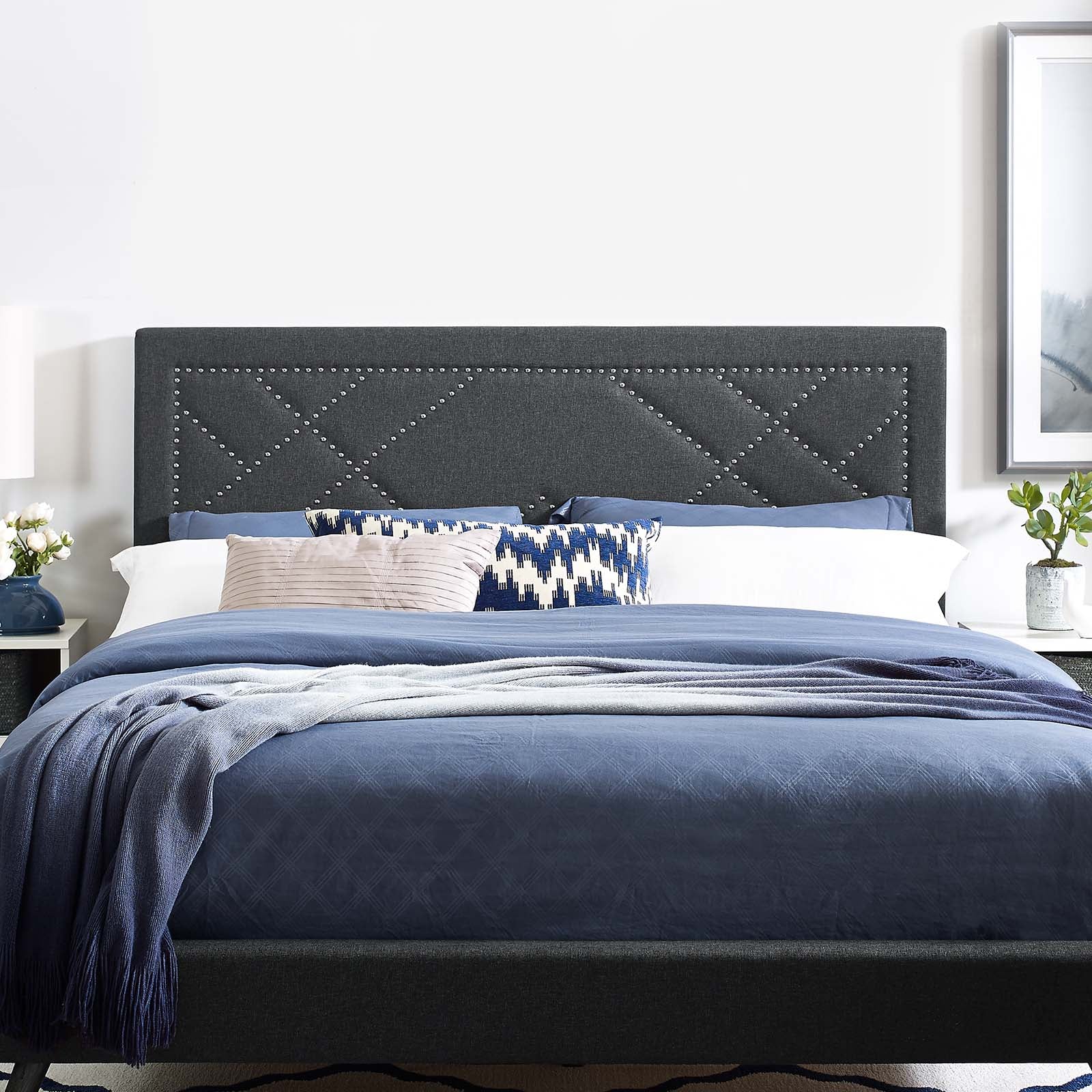 Modway Headboards - Reese Nailhead Full / Queen Upholstered Linen Fabric Headboard Gray