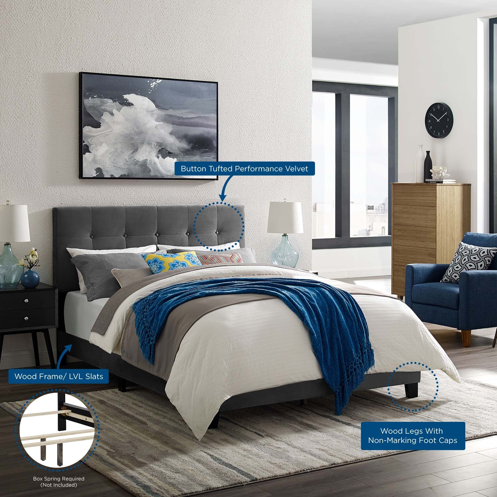 Modway Beds - Amira Twin Performance Velvet Bed Gray