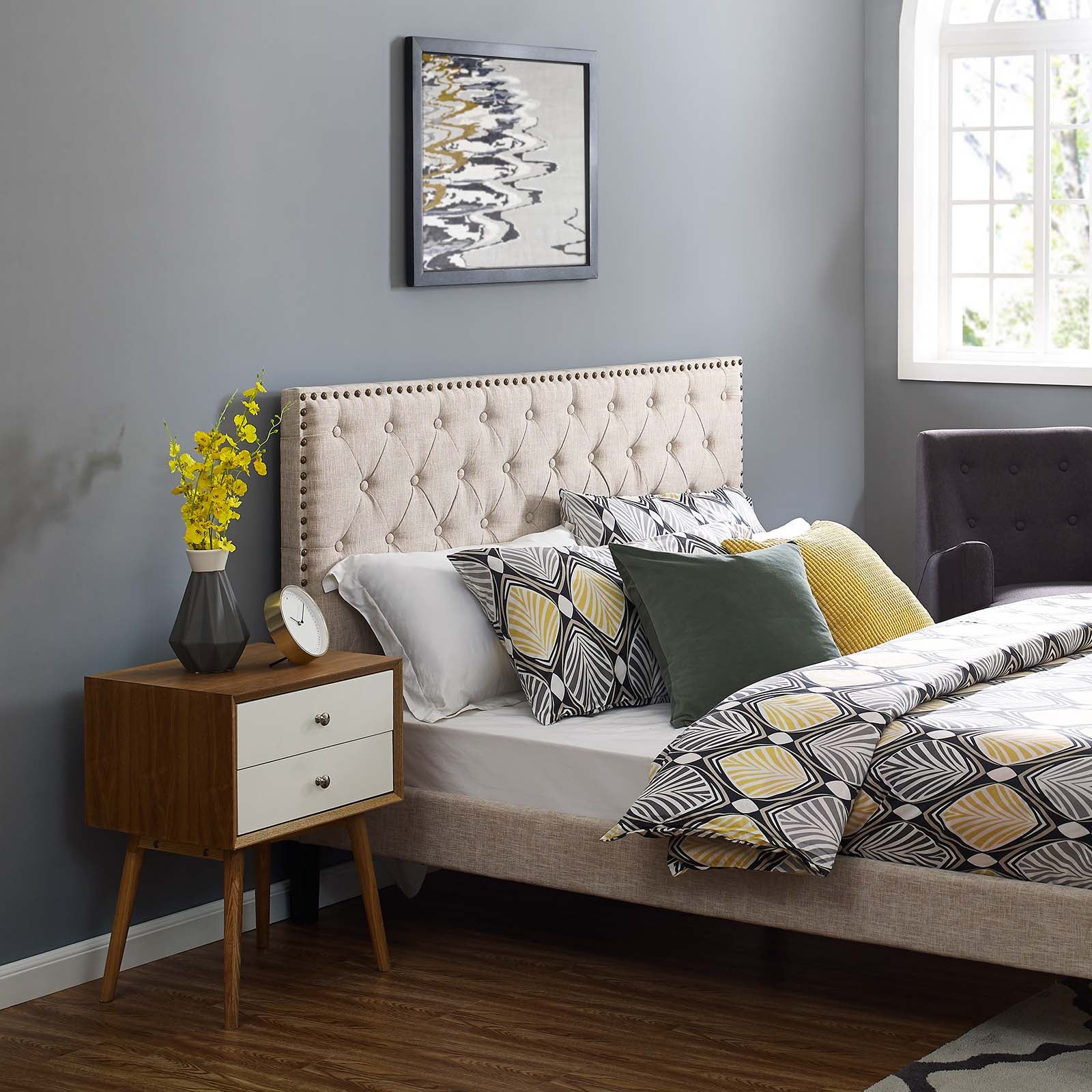 Modway Headboards - Helena Tufted Twin Upholstered Linen Fabric Headboard Beige