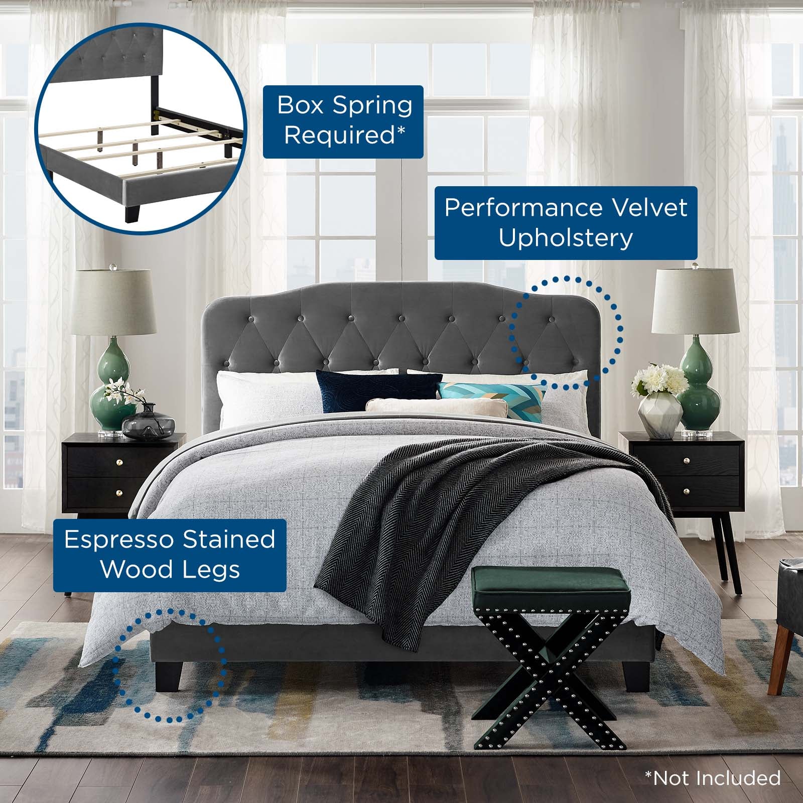 Modway Beds - Amelia Queen Performance Velvet Bed Gray