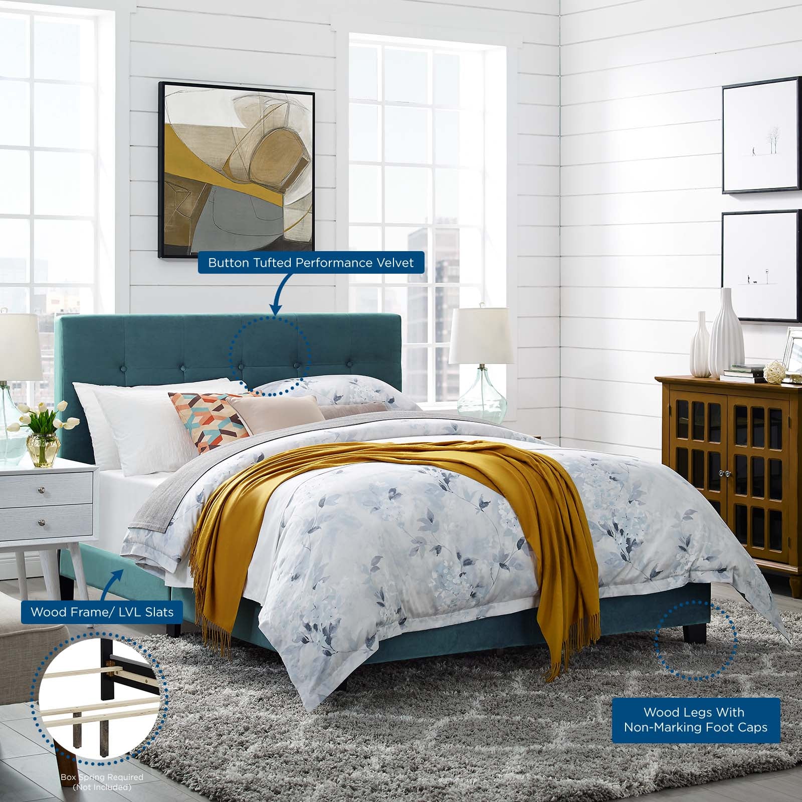 Modway Beds - Amira Performance Velvet Queen Bed Sea Blue