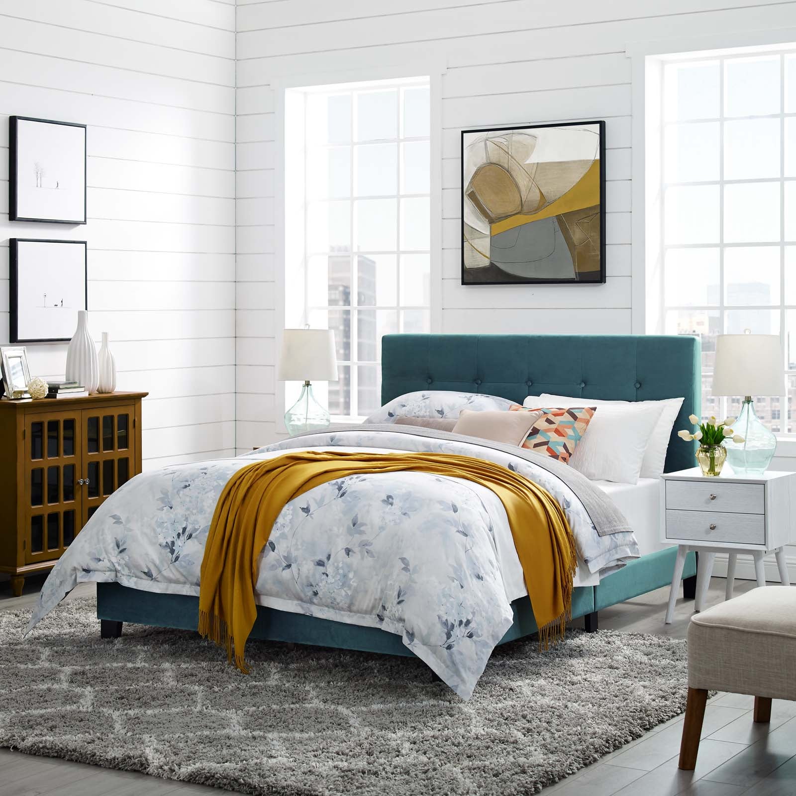 Modway Beds - Amira Performance Velvet Queen Bed Sea Blue