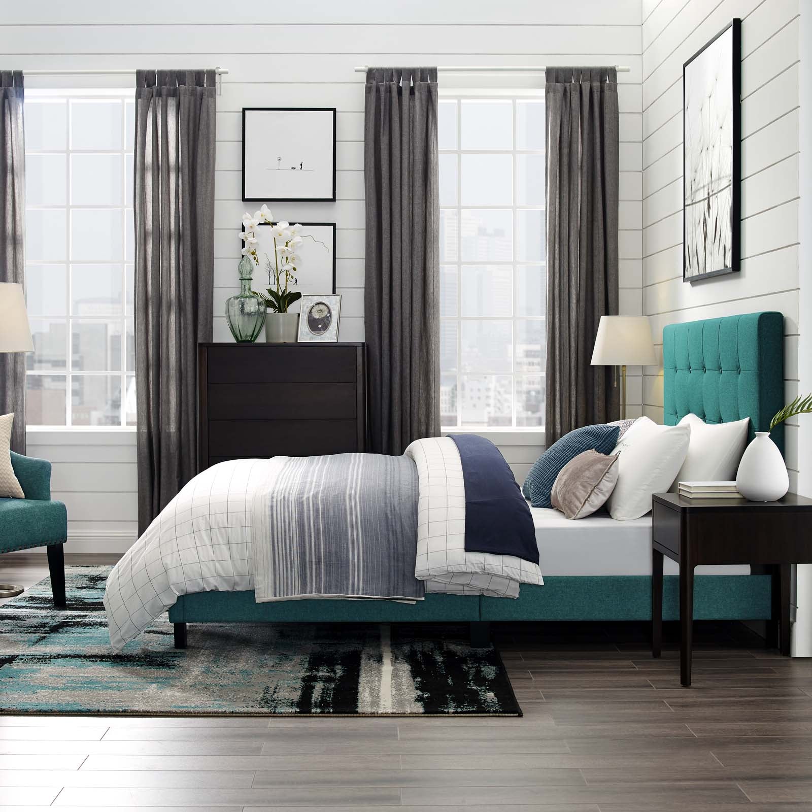 Modway Beds - Melanie Twin Tufted Button Upholstered Fabric Platform Bed Teal