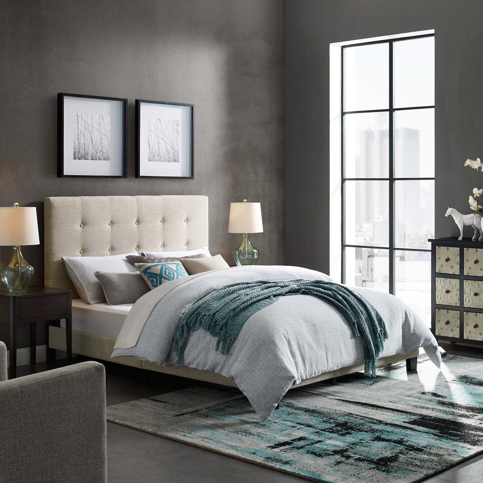 Modway Beds - Melanie Queen Tufted Button Upholstered Fabric Platform Bed Beige
