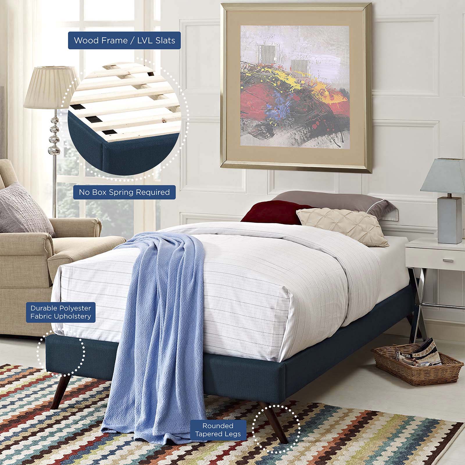 Modway Beds - Loryn Twin Fabric Bed Frame with Round Splayed Legs Azure