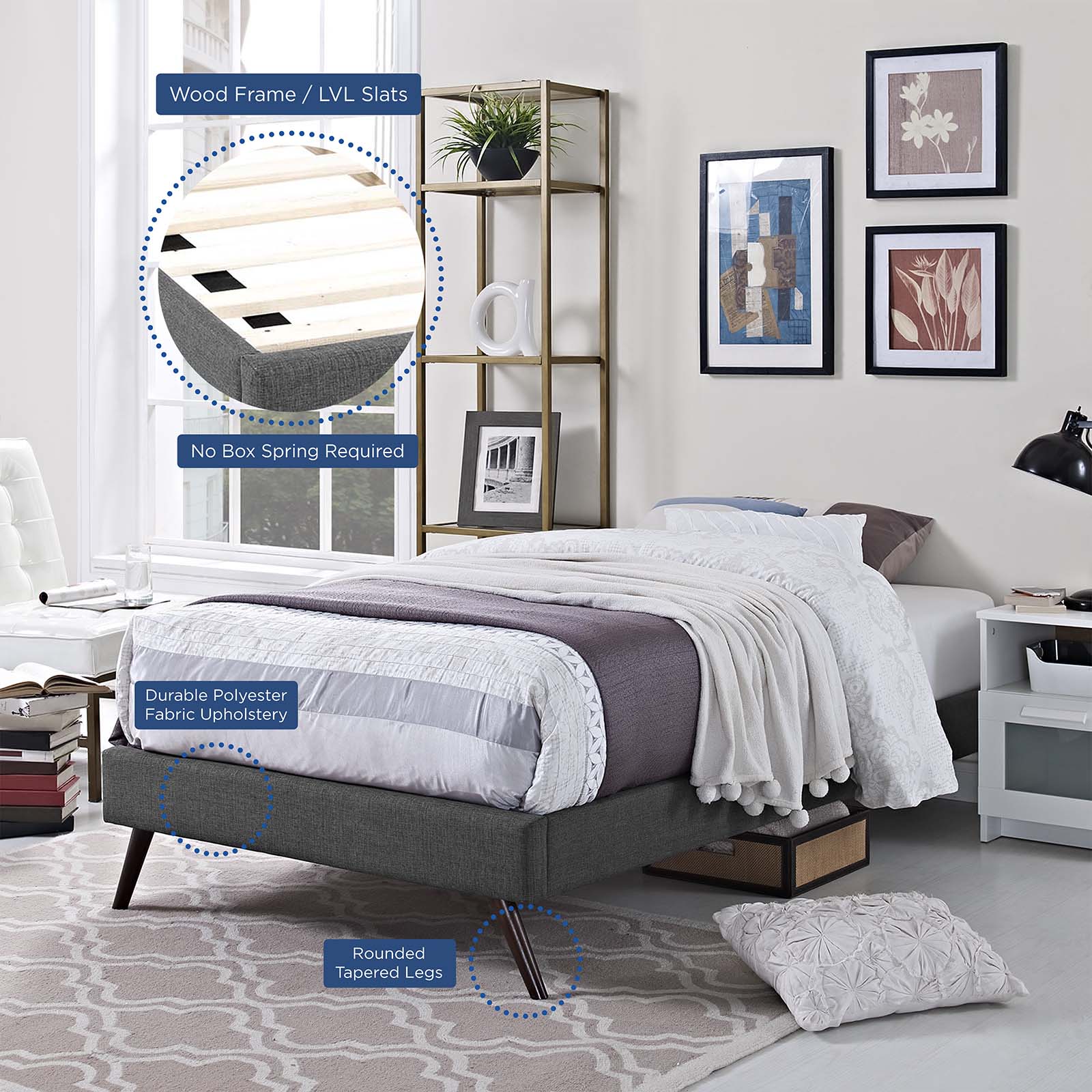 Modway Beds - Loryn Twin Fabric Bed Frame with Round Splayed Legs Gray