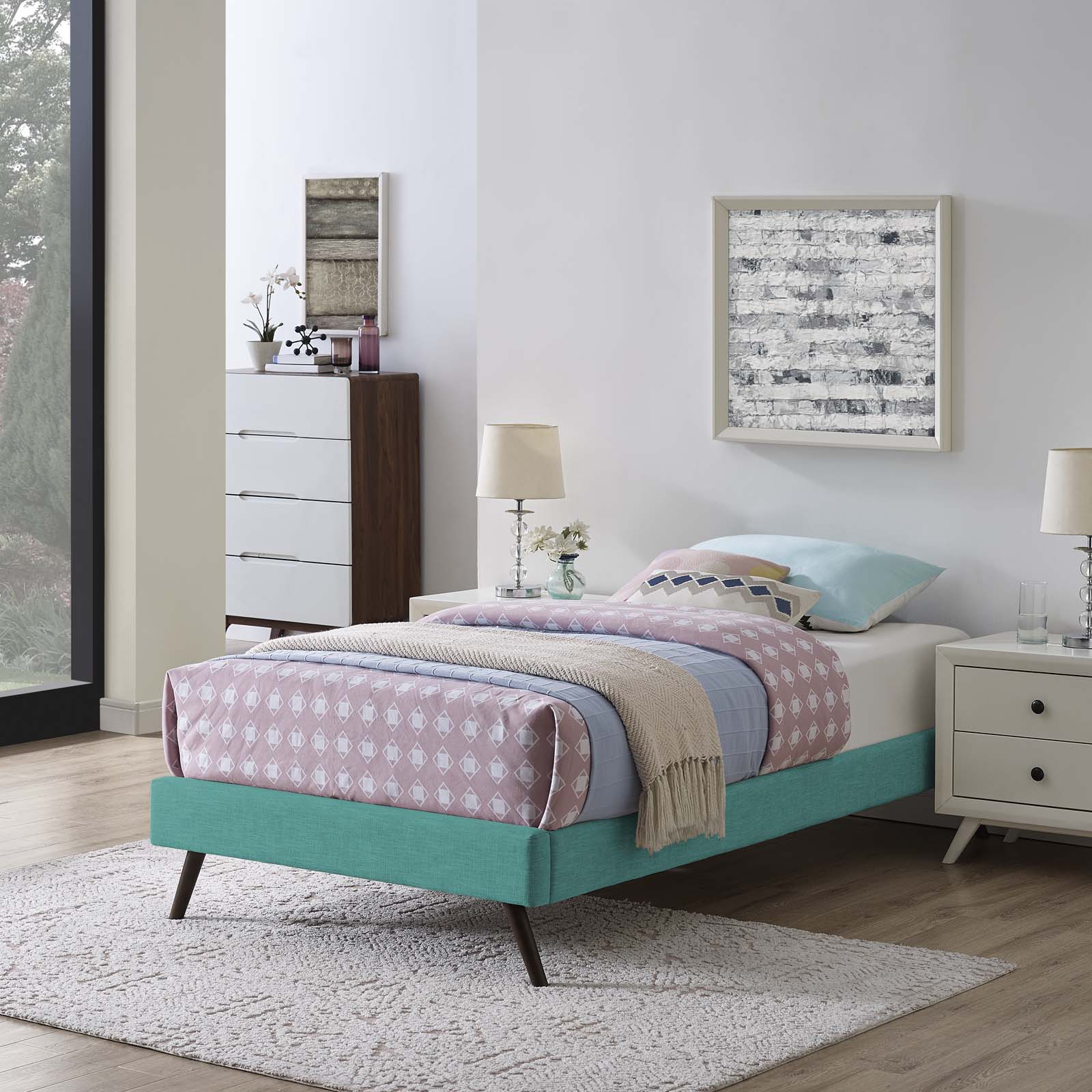 Modway Beds - Loryn Twin Fabric Bed Frame with Round Splayed Legs Teal