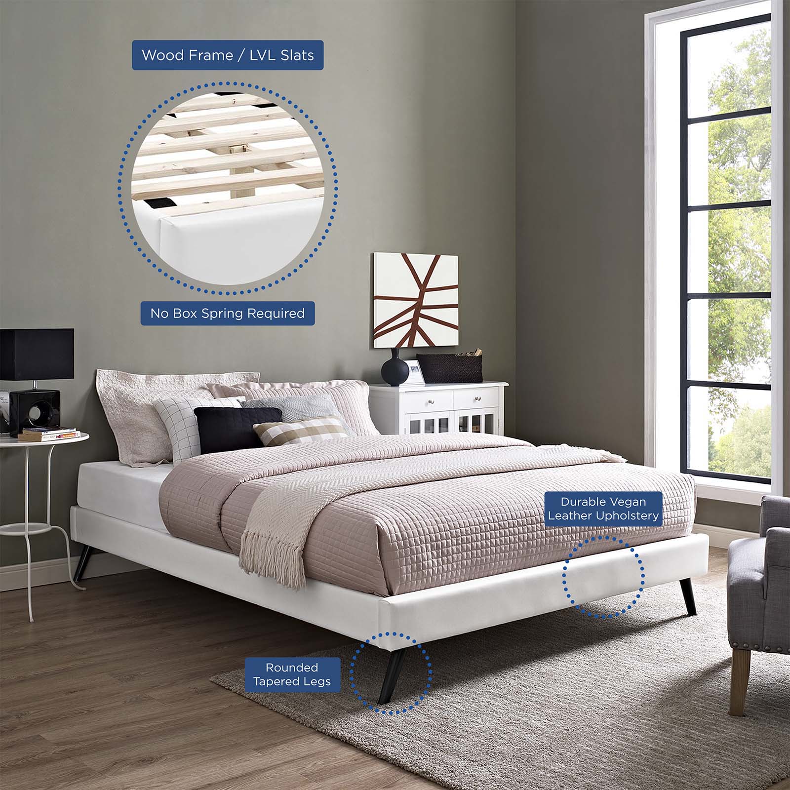 Modway Beds - Loryn Full Vinyl Bed Frame with Round Splayed Legs White