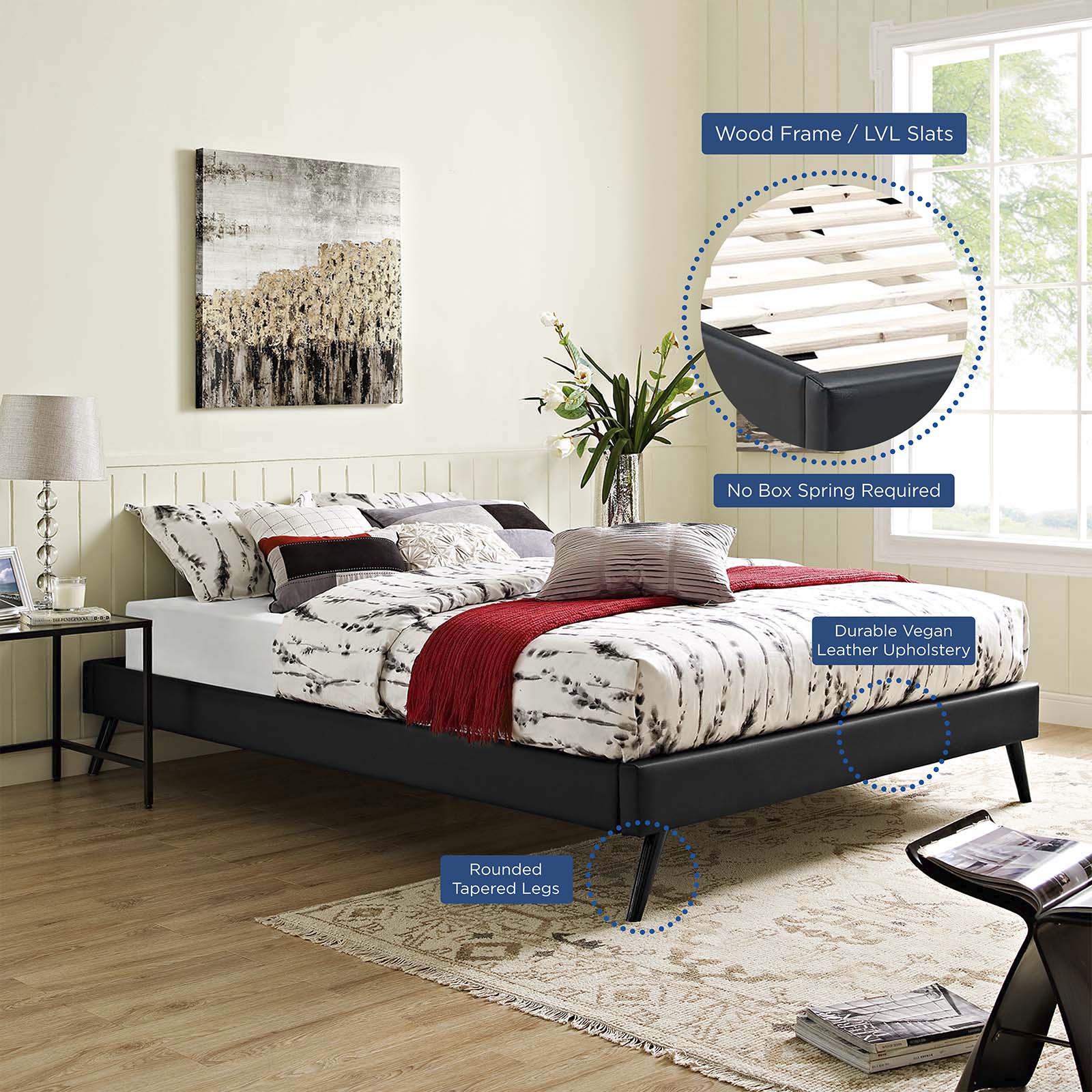 Modway Beds - Loryn Queen Vinyl Bed Frame with Round Splayed Legs Black