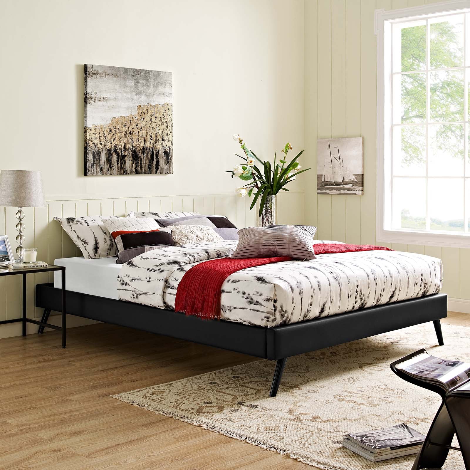 Modway Beds - Loryn Queen Vinyl Bed Frame with Round Splayed Legs Black